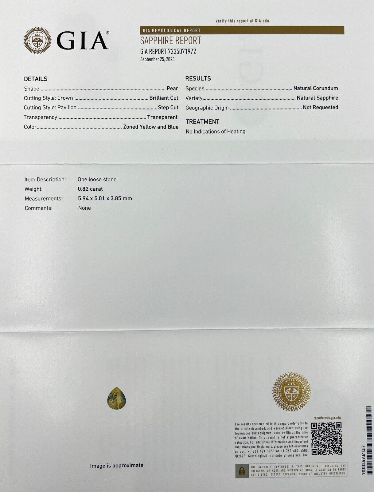 UNIQUE Untreated GIA CERTIFIED Parti Colour Sapphire Blue Yellow 0.82ct Pear VS — view 2