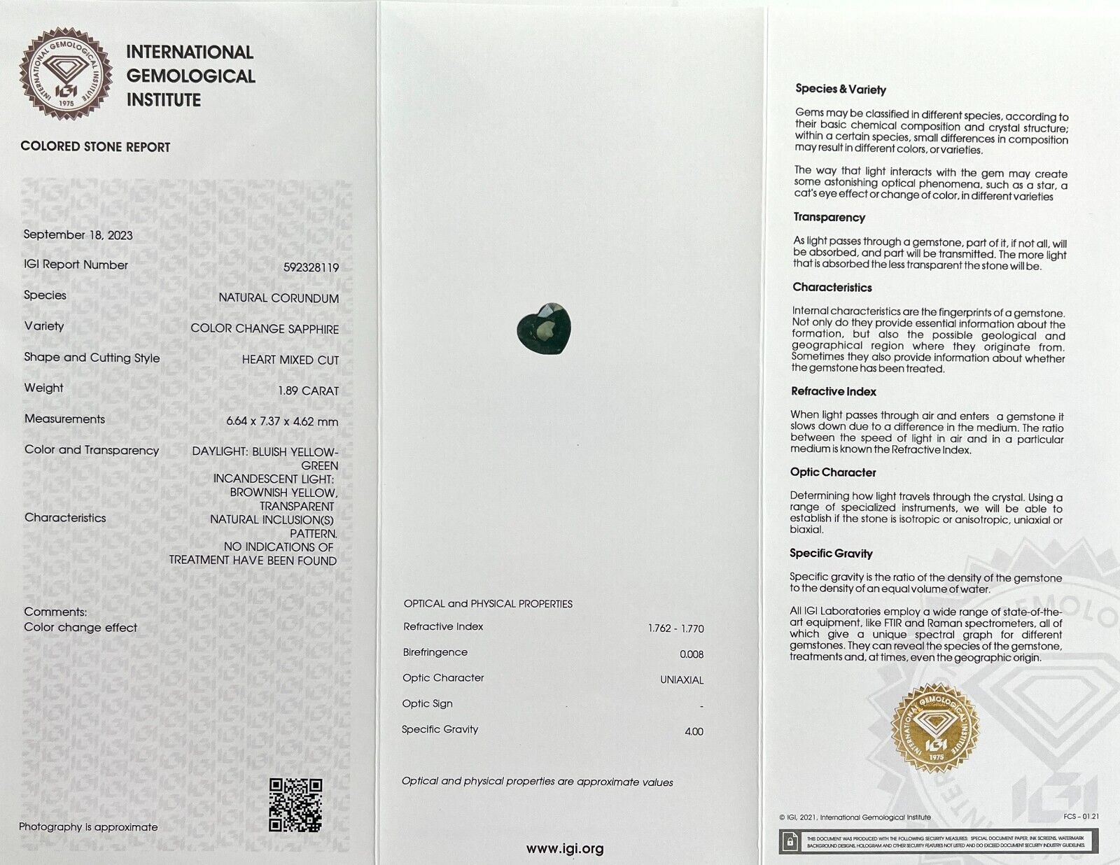 NATURAL 1.89ct COLOUR CHANGE Blue Green Sapphire NO HEAT Heart Cut IGI CERTIFIED — view 2