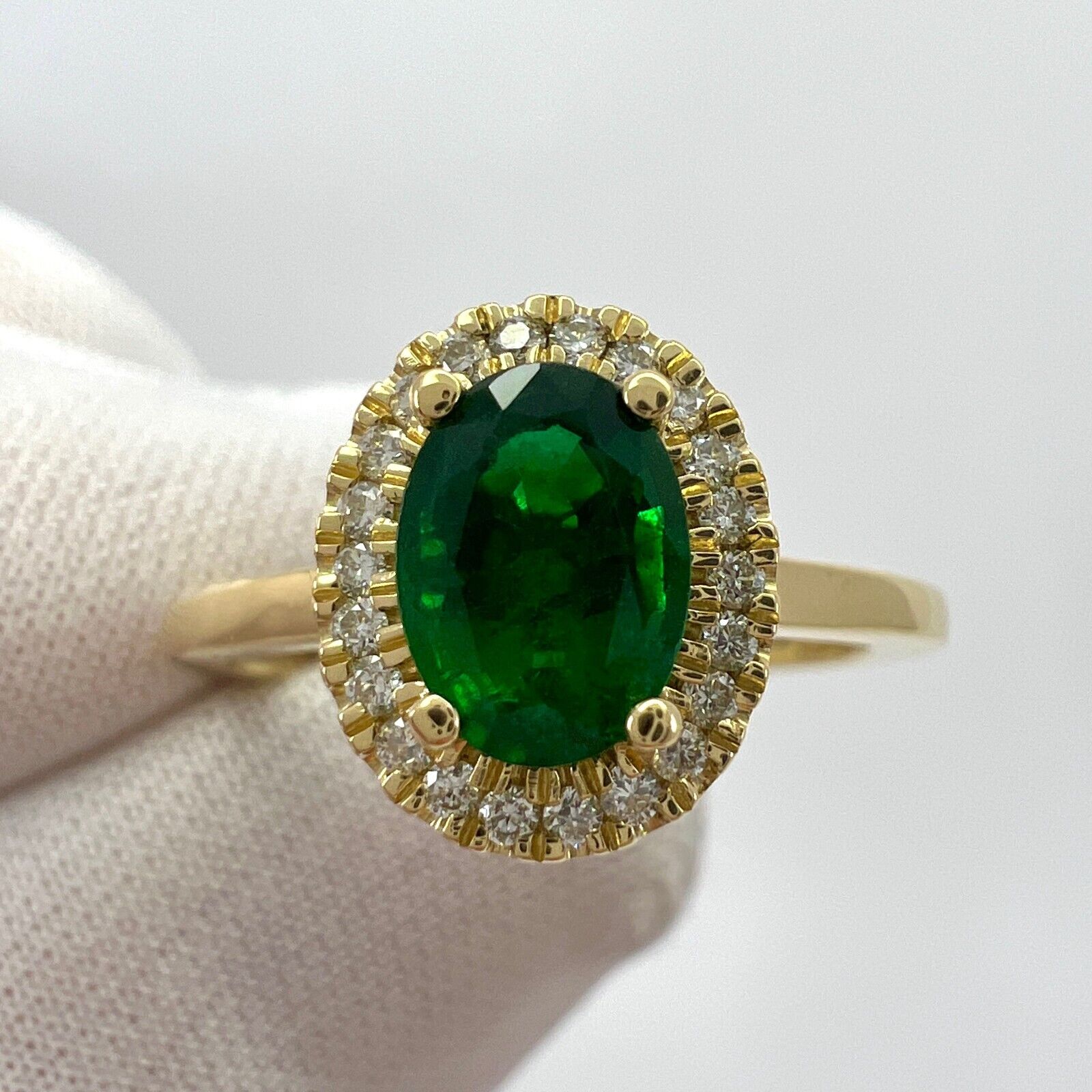 GIA Certified Deep Green Emerald And Diamond 18k Yellow Gold Cluster Halo Ring — view 2