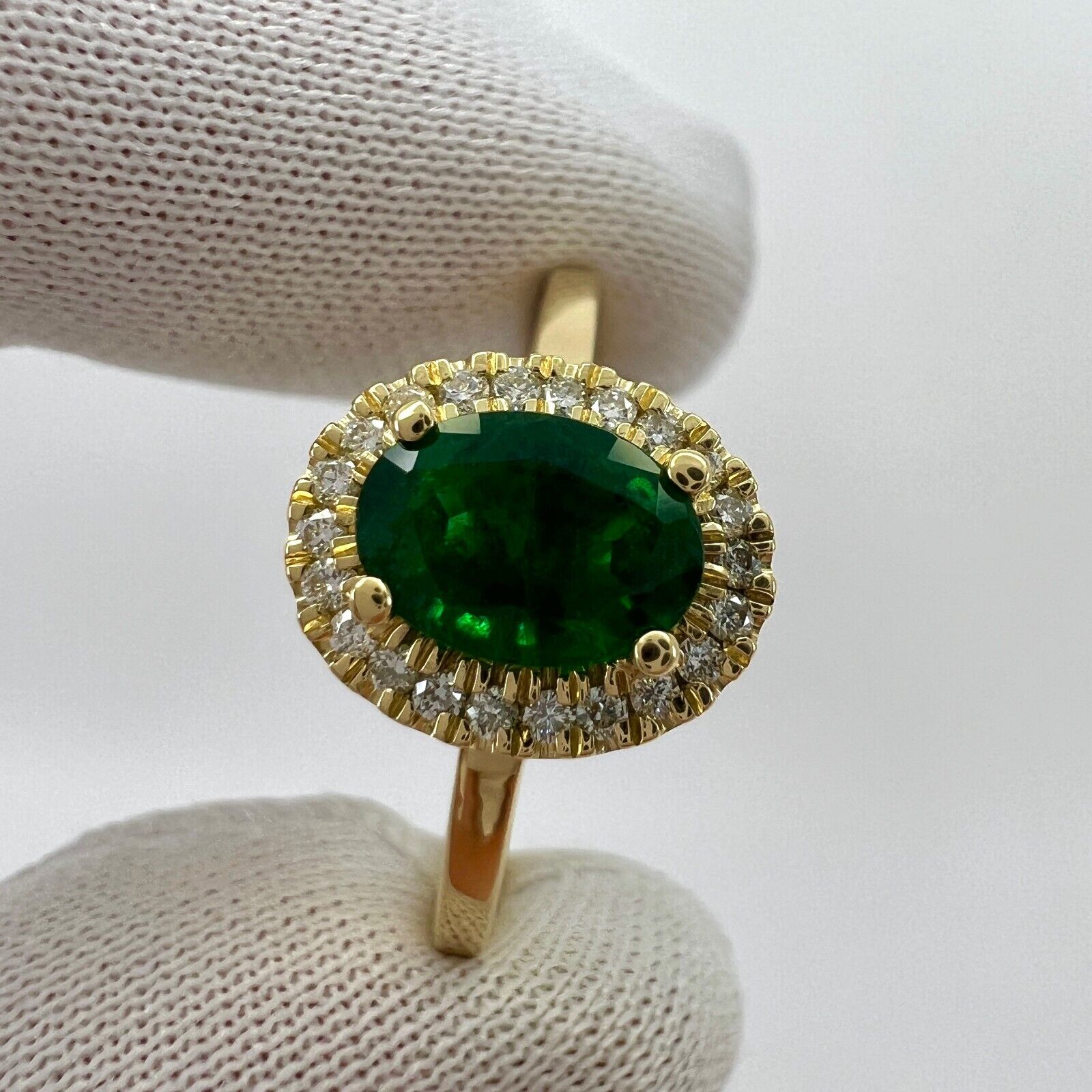 GIA Certified Deep Green Emerald And Diamond 18k Yellow Gold Cluster Halo Ring — view 4
