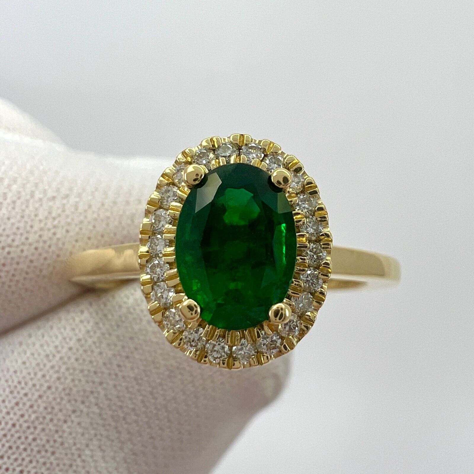GIA Certified Deep Green Emerald And Diamond 18k Yellow Gold Cluster Halo Ring — view 5