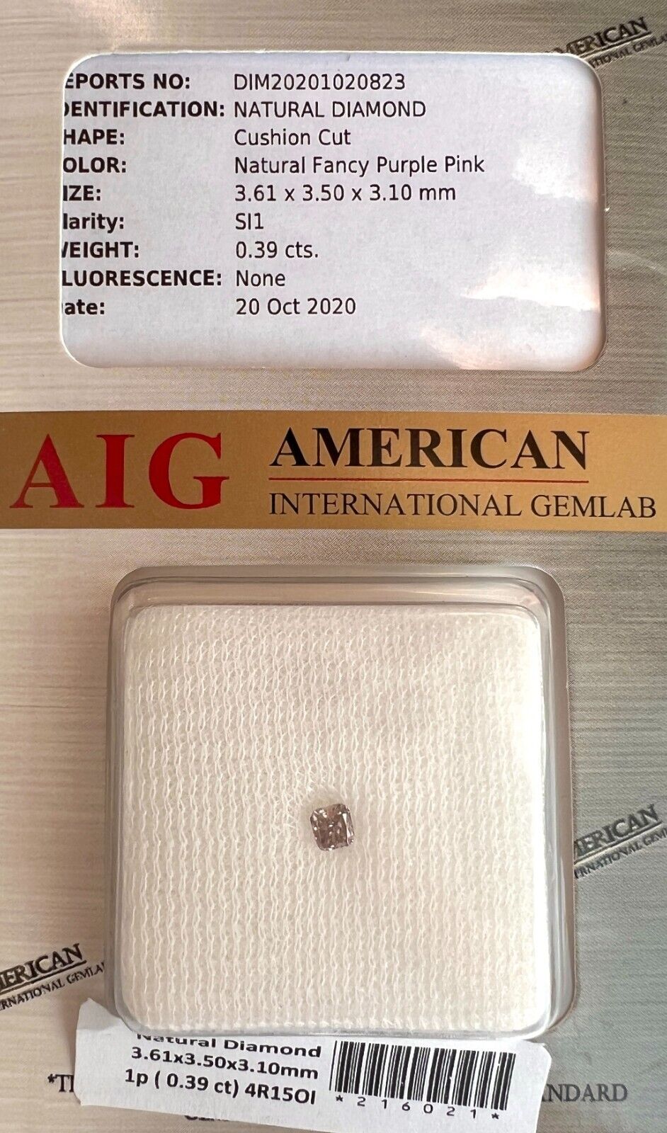 NATURAL Untreated Fancy Purple Pink Diamond 0.39ct AIG CERTIFIED Blister SI1 Cut — view 2