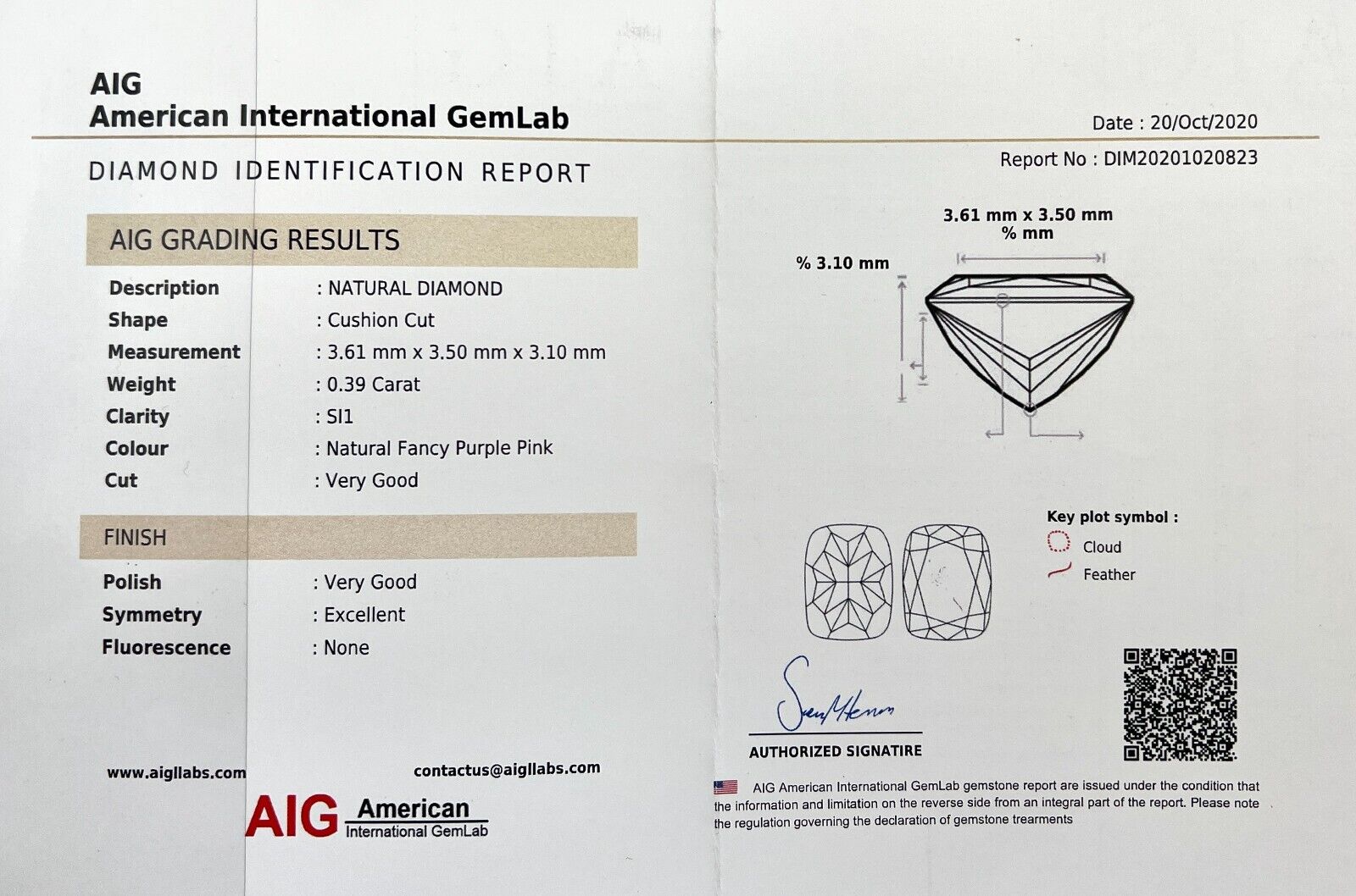 NATURAL Untreated Fancy Purple Pink Diamond 0.39ct AIG CERTIFIED Blister SI1 Cut — view 3