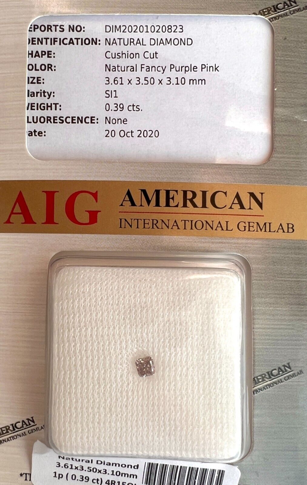 NATURAL Untreated Fancy Purple Pink Diamond 0.39ct AIG CERTIFIED Blister SI1 Cut — view 5