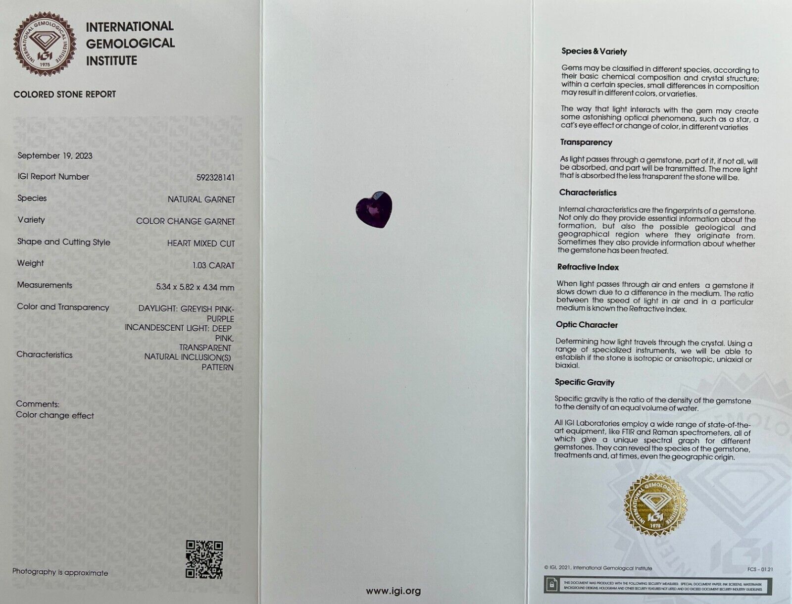 1.03ct NATURAL Colour Change Garnet Pink Purple IGI CERTIFIED Heart Cut Gem — view 2