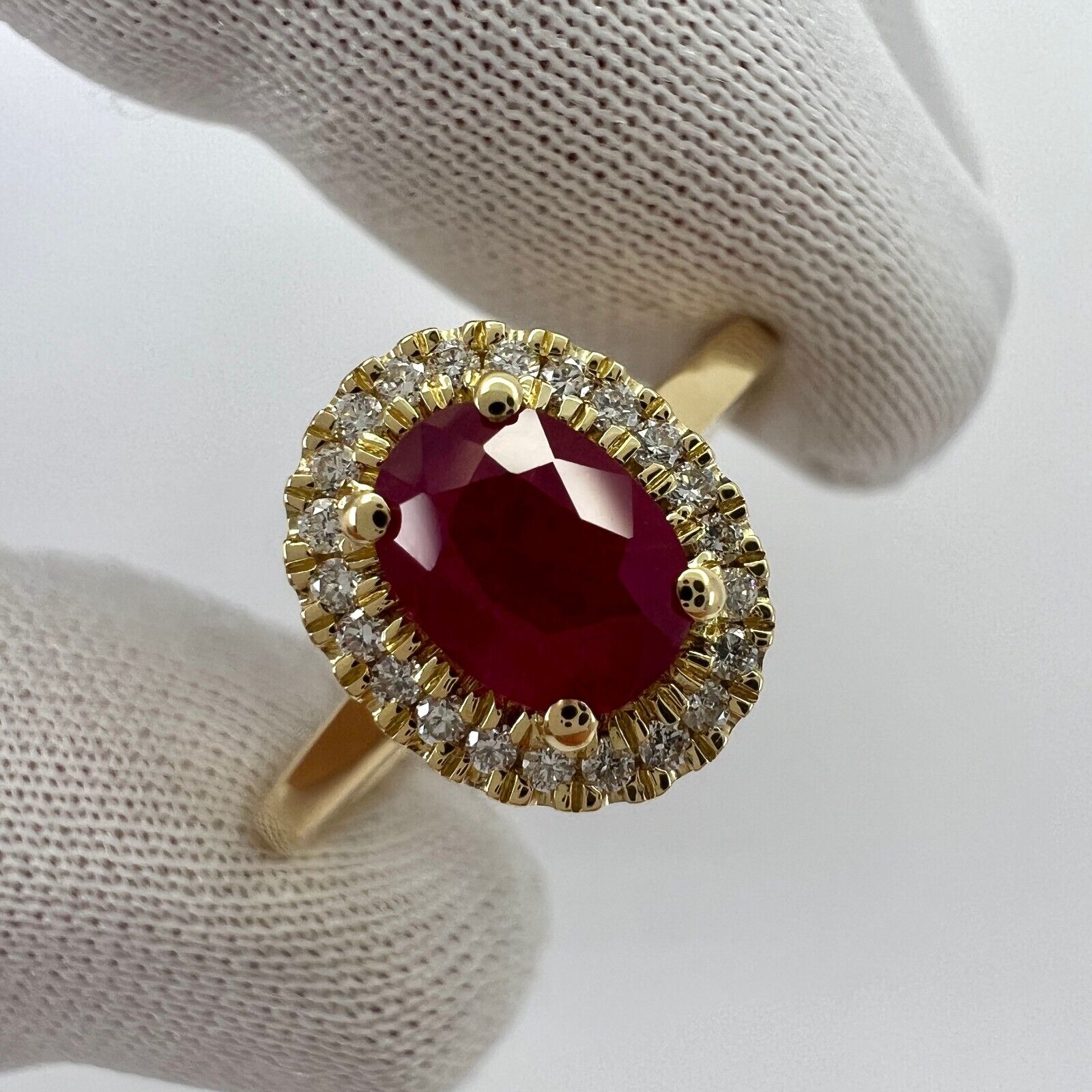 1.06 Carat Deep Red Ruby And Diamond Oval Cut 18k Yellow Gold Halo Cluster Ring — view 2