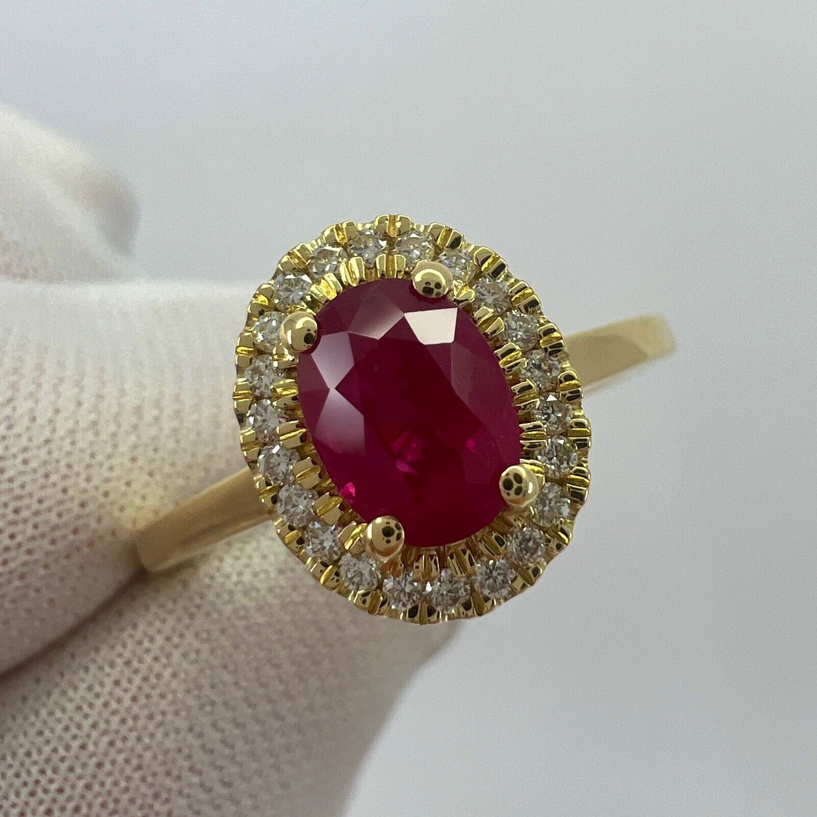 1.06 Carat Deep Red Ruby And Diamond Oval Cut 18k Yellow Gold Halo Cluster Ring — view 3