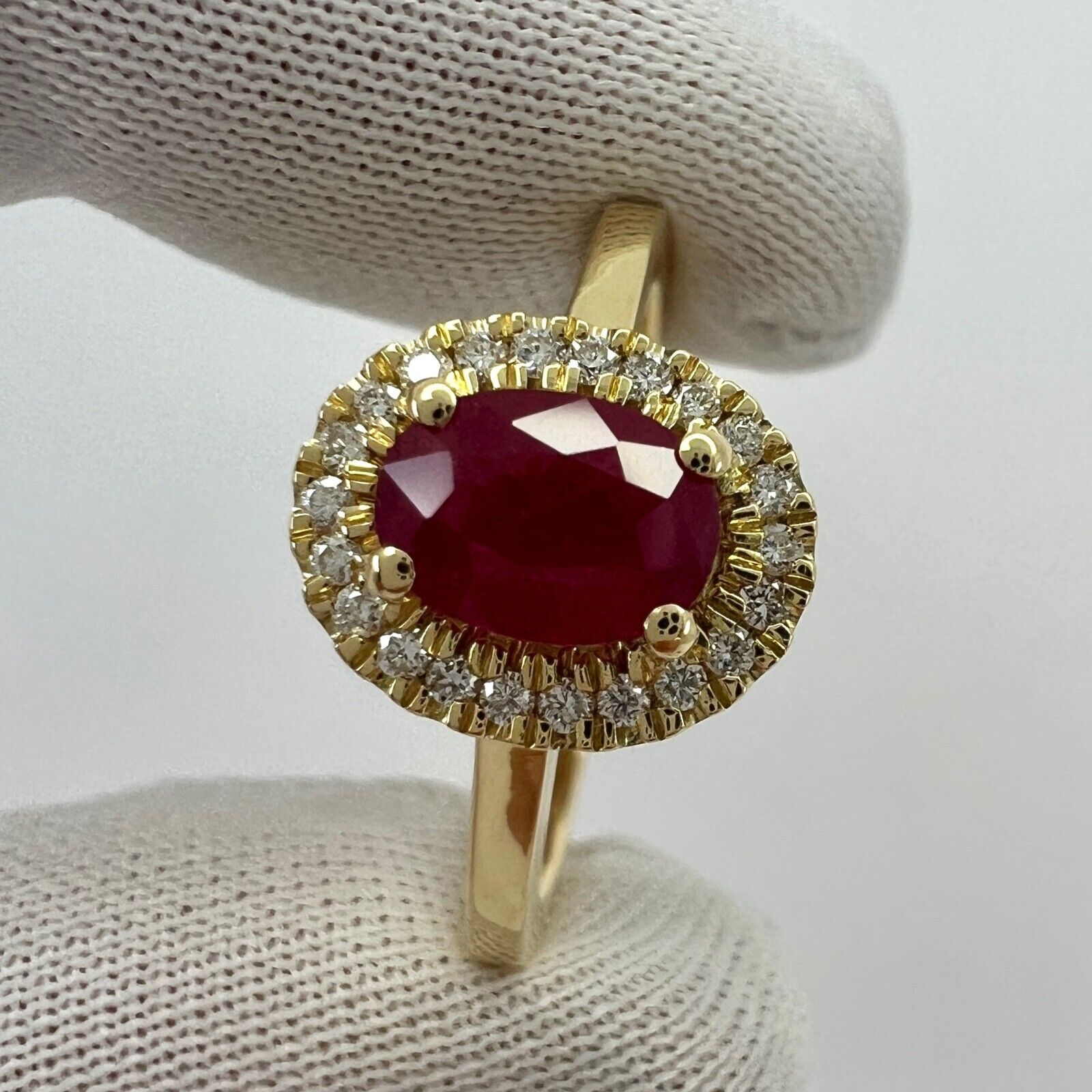 1.06 Carat Deep Red Ruby And Diamond Oval Cut 18k Yellow Gold Halo Cluster Ring — view 4