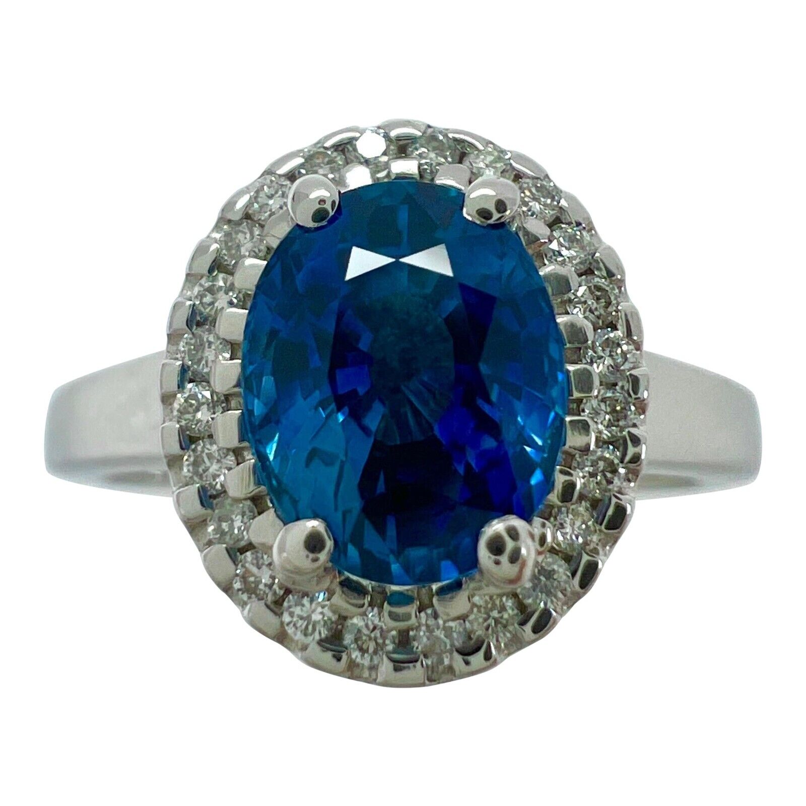 1.56 Carat Fine Vivid Blue Ceylon Sapphire And Diamond 18k White Gold Halo Ring — view 1
