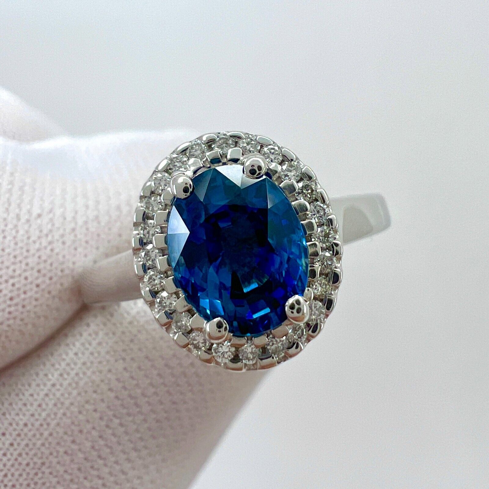 1.56 Carat Fine Vivid Blue Ceylon Sapphire And Diamond 18k White Gold Halo Ring — view 2