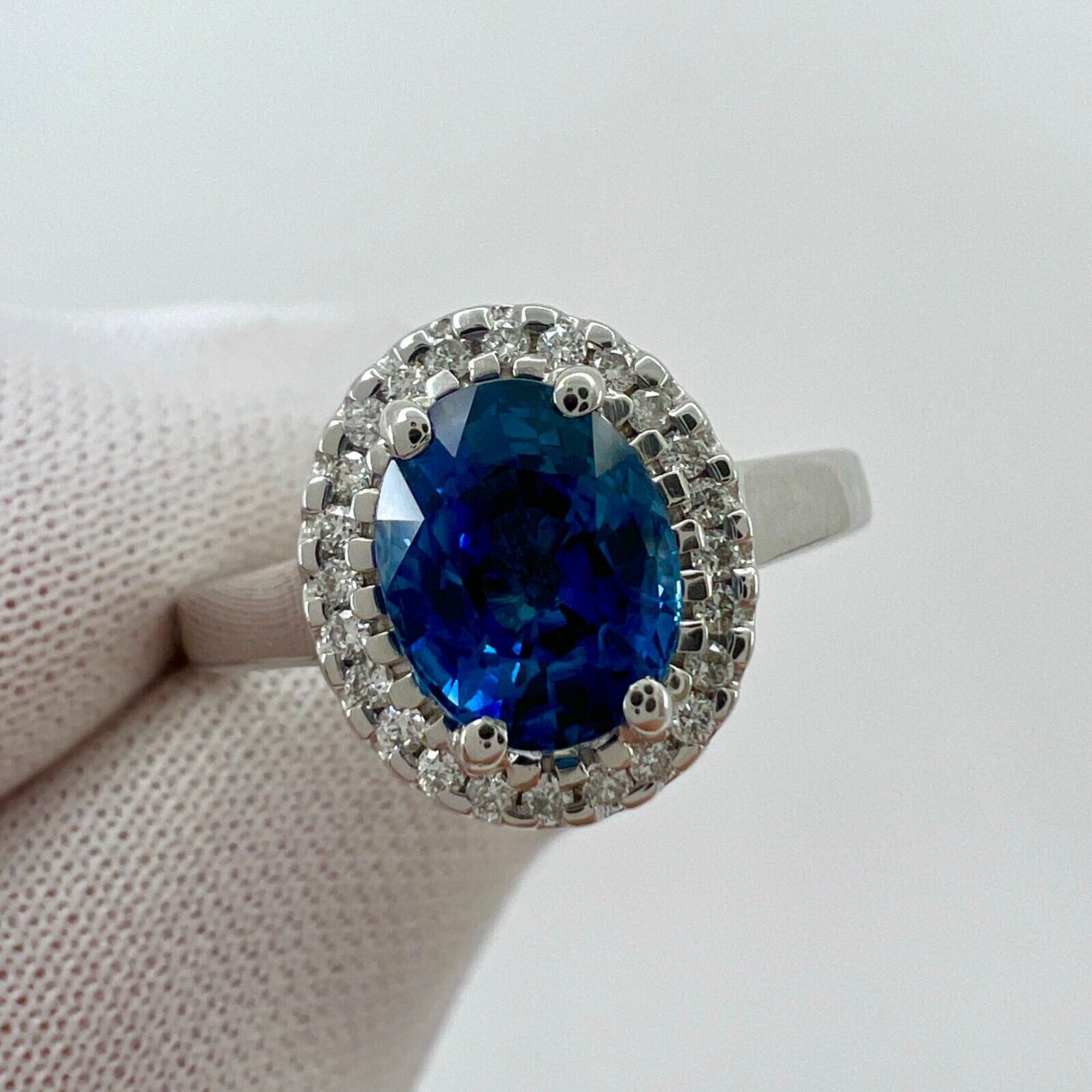 1.56 Carat Fine Vivid Blue Ceylon Sapphire And Diamond 18k White Gold Halo Ring — view 4