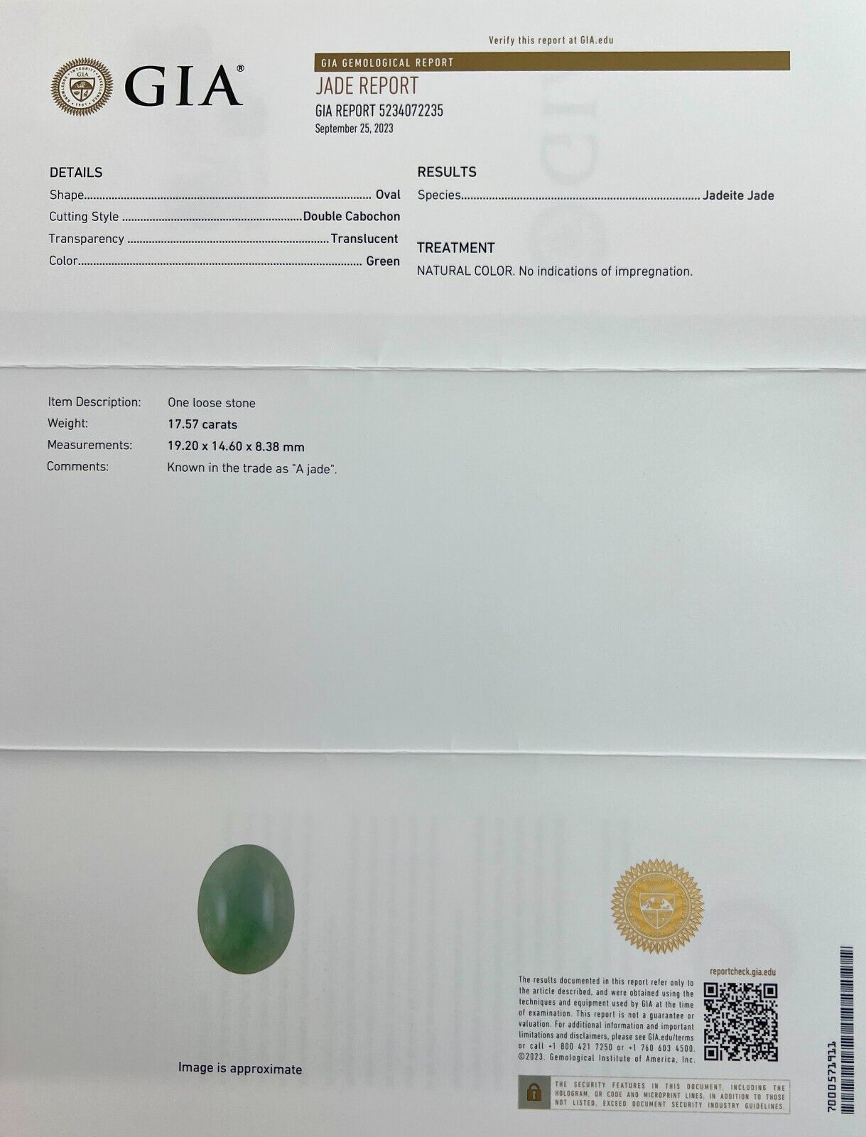 HUGE 17.57ct GIA CERTIFIED Green Jadeite Jade ‘A’ Grade Oval Cabochon RARE Gem — view 2