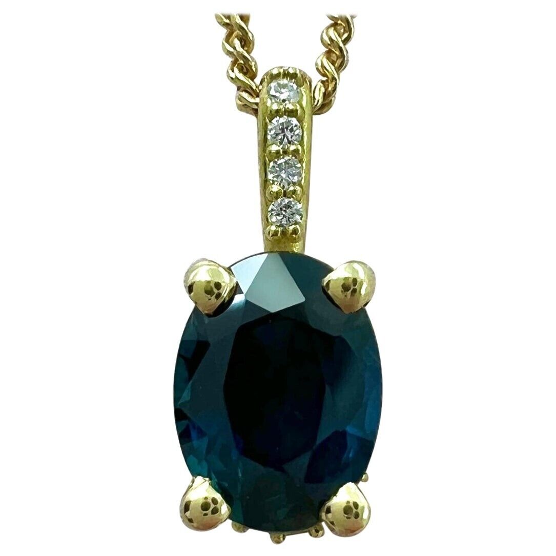 1 Carat Deep Blue Sapphire Diamond 18k Yellow Gold Hidden Halo Pendant Necklace — view 1