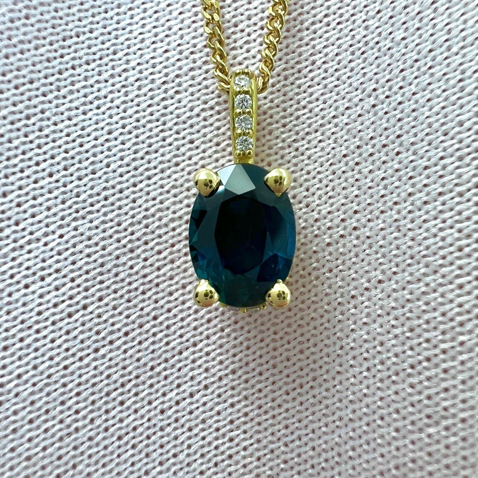 1 Carat Deep Blue Sapphire Diamond 18k Yellow Gold Hidden Halo Pendant Necklace — view 2
