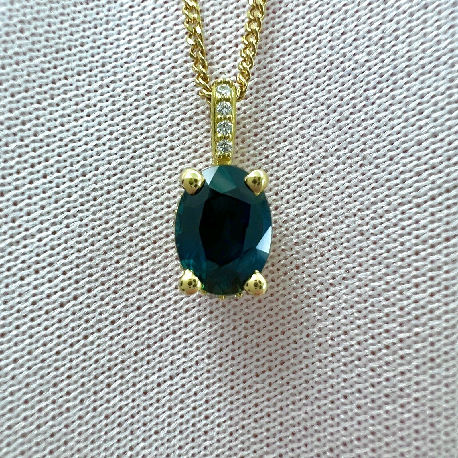 1 Carat Deep Blue Sapphire Diamond 18k Yellow Gold Hidden Halo Pendant Necklace — view 3