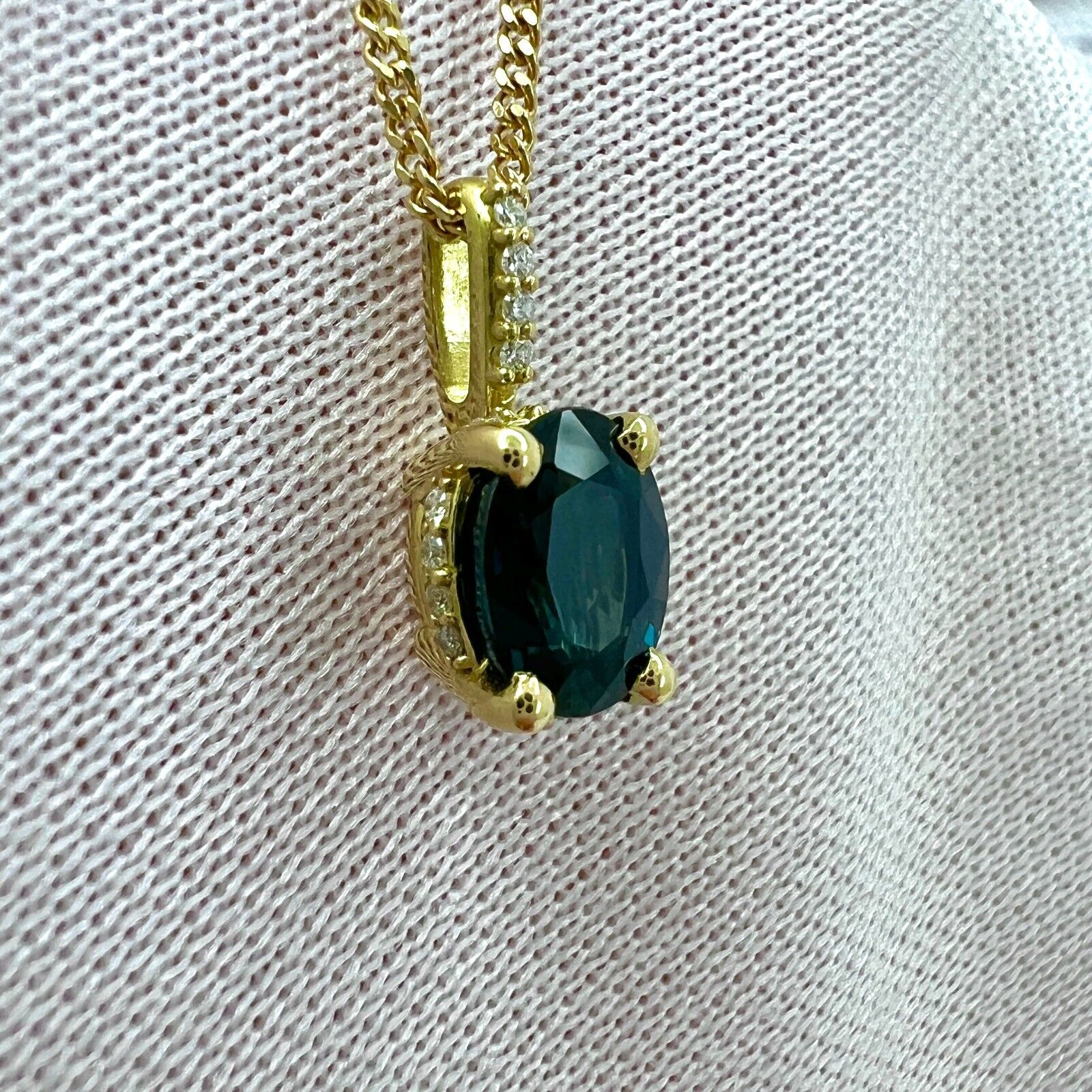 1 Carat Deep Blue Sapphire Diamond 18k Yellow Gold Hidden Halo Pendant Necklace — view 4