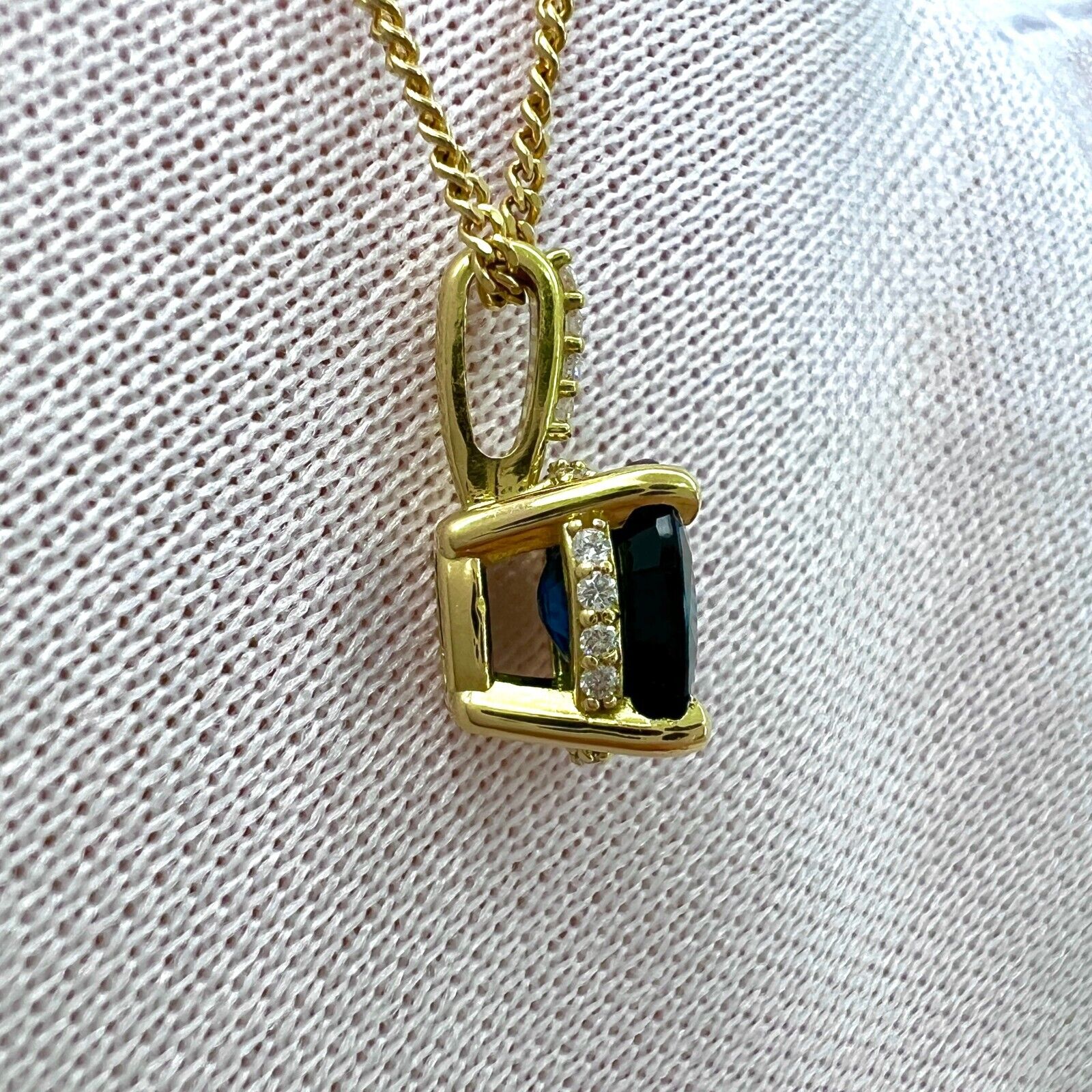1 Carat Deep Blue Sapphire Diamond 18k Yellow Gold Hidden Halo Pendant Necklace — view 5