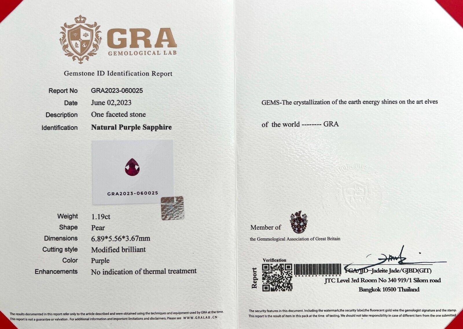 NATURAL Vivid Purple Sapphire 1.19ct GRA Certified UNTREATED Pear Gem 6.8x5.5mm — view 3