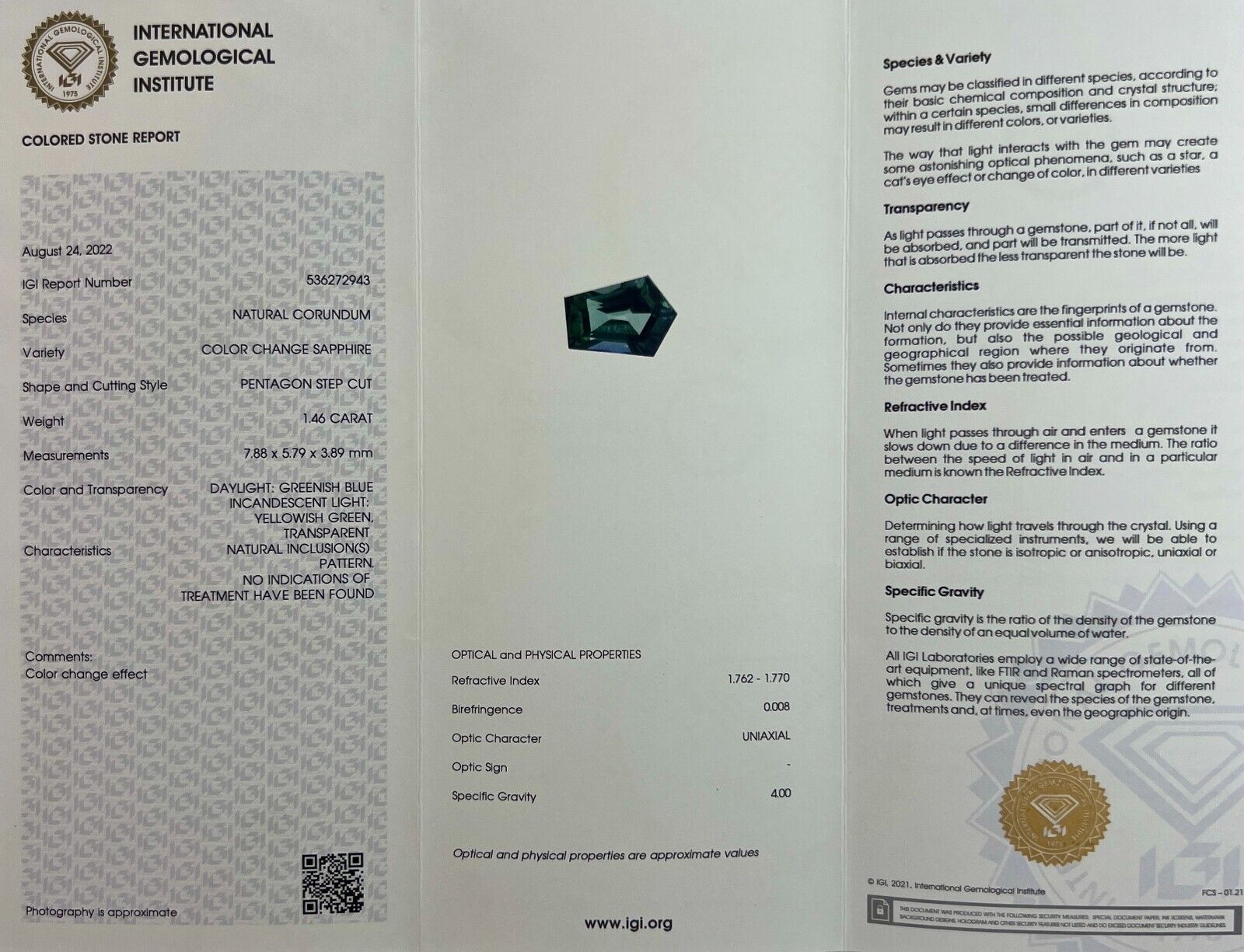 IGI Certified 1.46ct Colour Change Untreated Fancy Cut Sapphire Diamond Pendant — view 2