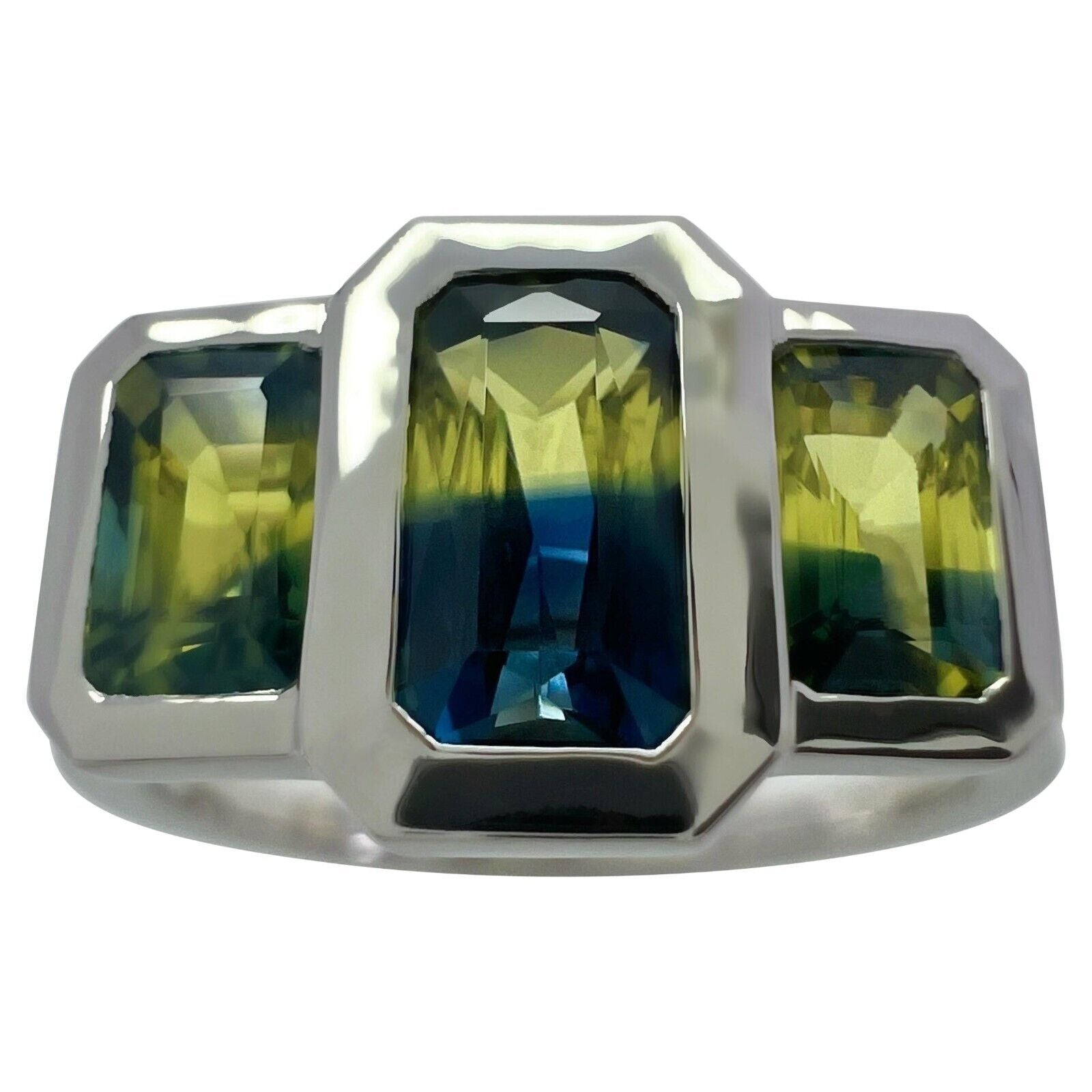 2.00ct Bi Colour Yellow Blue Australian Sapphire 18k White Gold Three Stone Ring — view 1