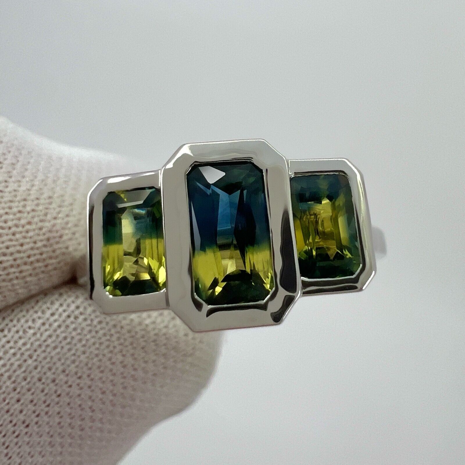 2.00ct Bi Colour Yellow Blue Australian Sapphire 18k White Gold Three Stone Ring — view 3