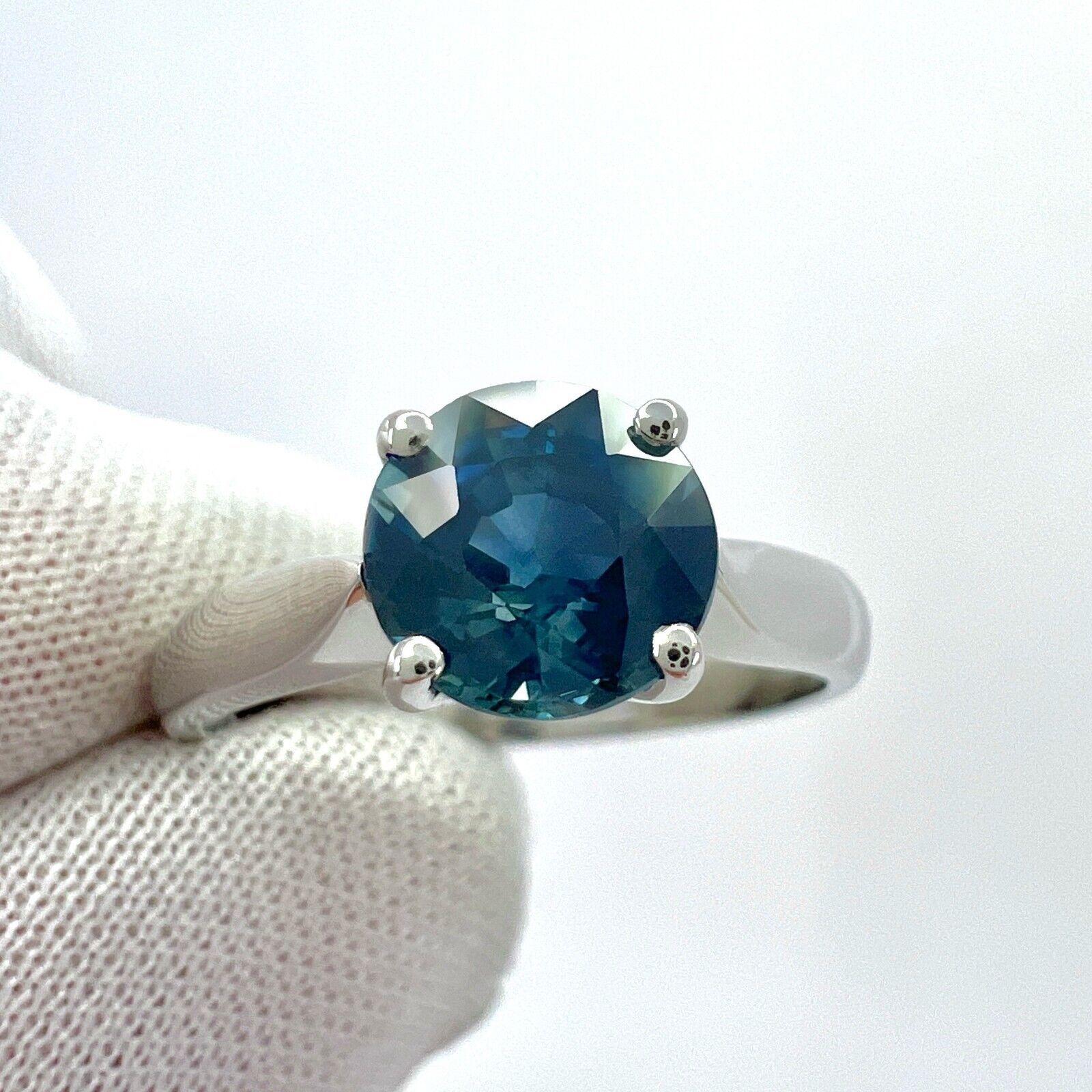 1.80ct Deep Green Blue Teal Sapphire 7mm Round Cut 950 Platinum Solitaire Ring — view 2