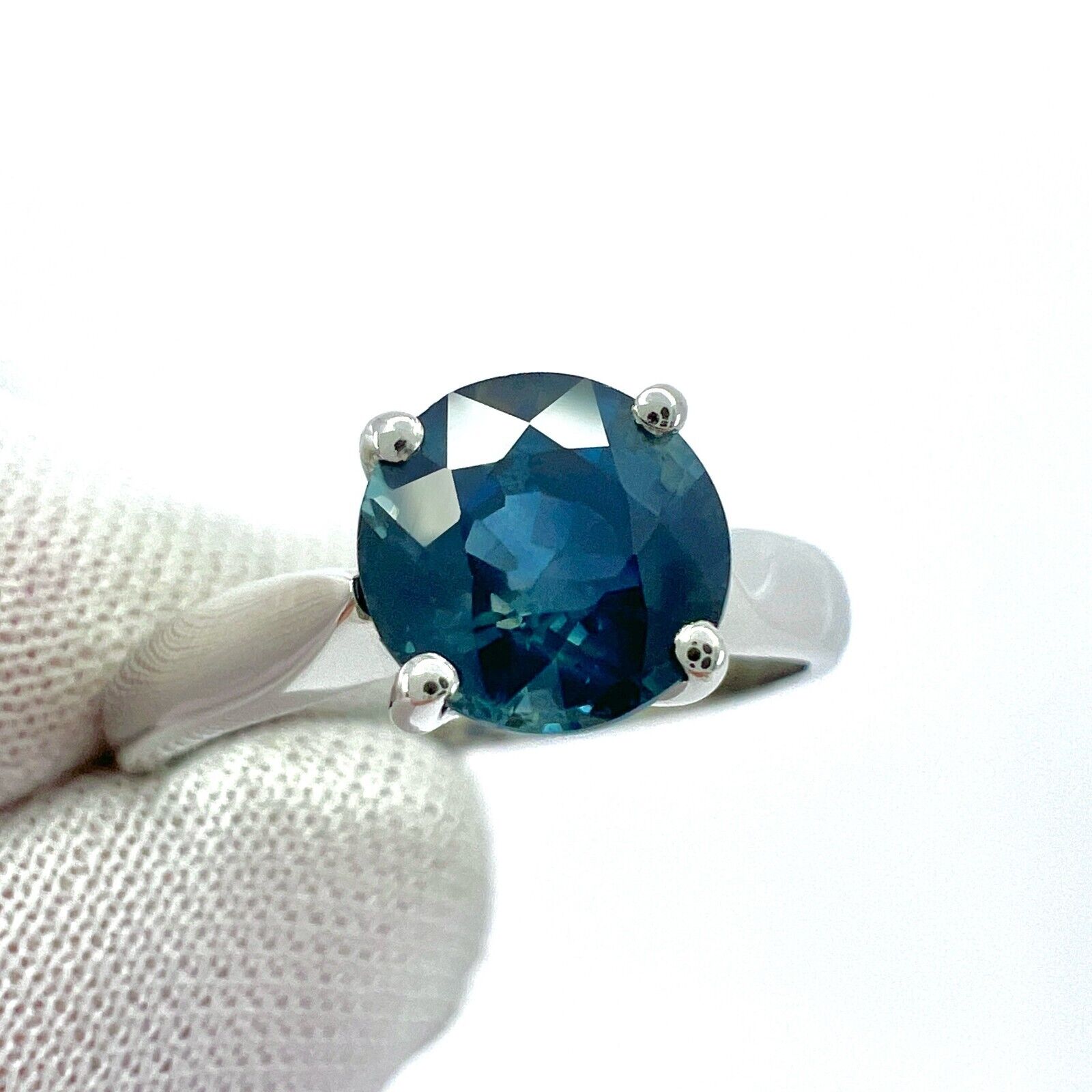 1.80ct Deep Green Blue Teal Sapphire 7mm Round Cut 950 Platinum Solitaire Ring — view 3