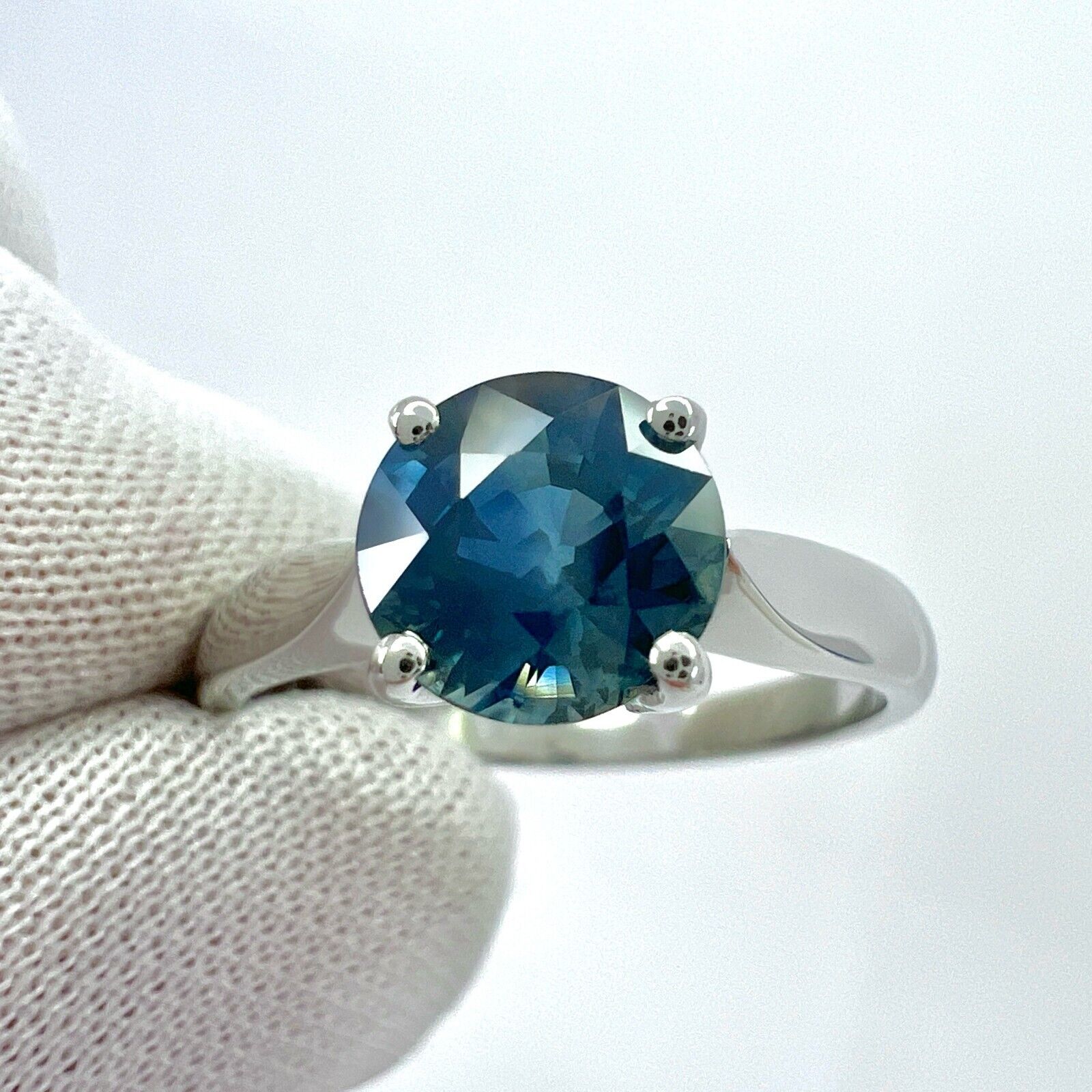 1.80ct Deep Green Blue Teal Sapphire 7mm Round Cut 950 Platinum Solitaire Ring — view 4