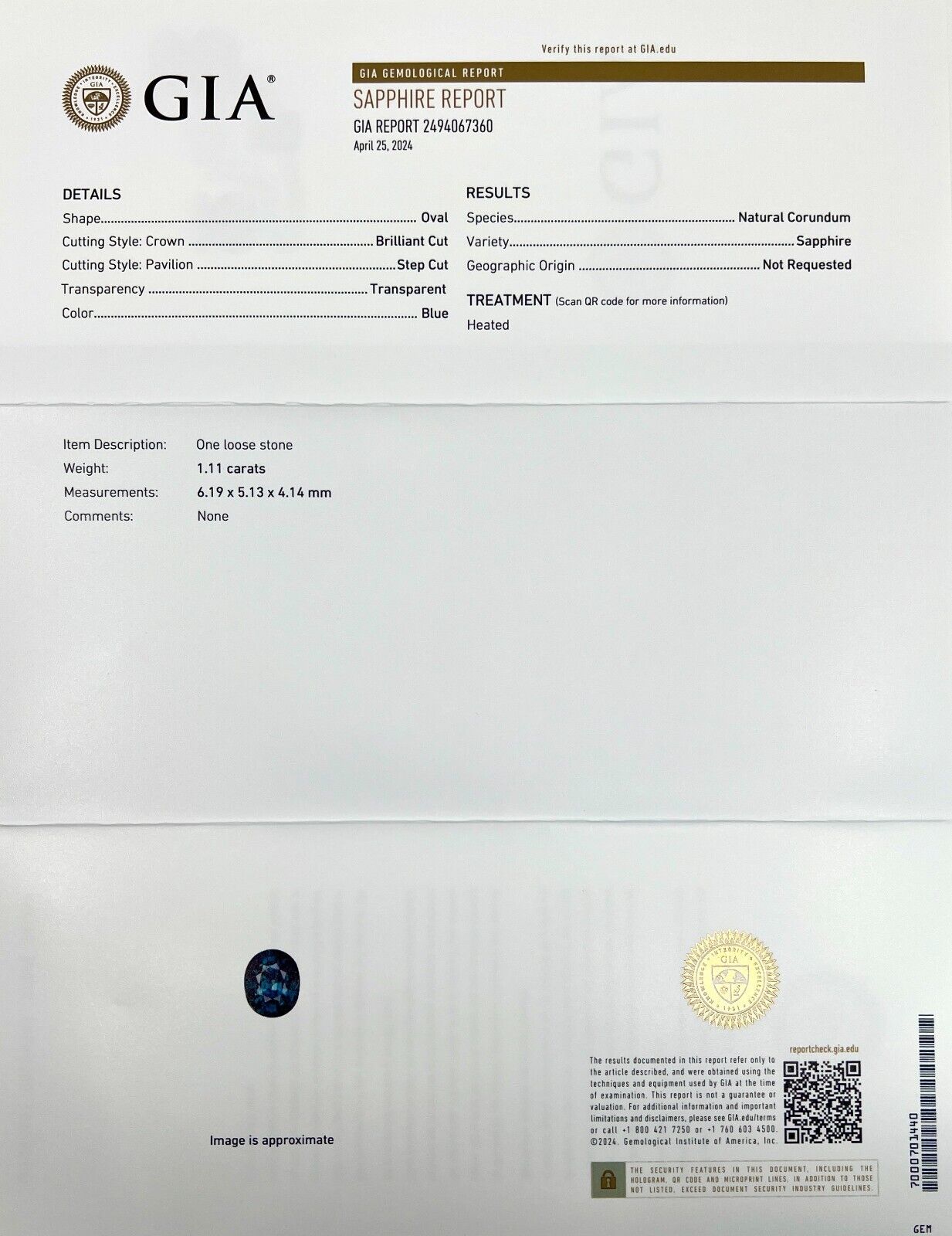 1.11ct GIA CERTIFIED Natural VIVID Blue Sapphire Oval Cut Gemstone 6.1x5.1mm — view 3