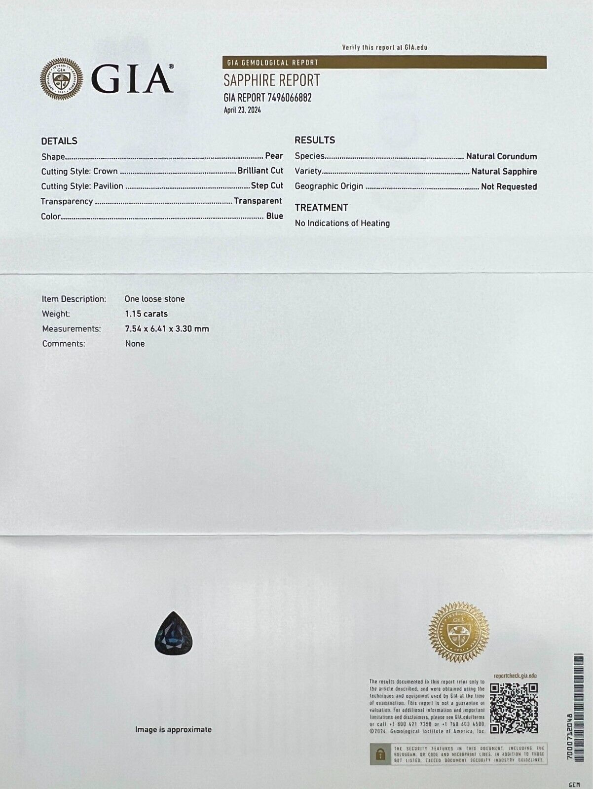 GIA CERTIFIED 1.15ct NATURAL Blue Sapphire UNTREATED Pear Teardrop Cut Gem — view 3