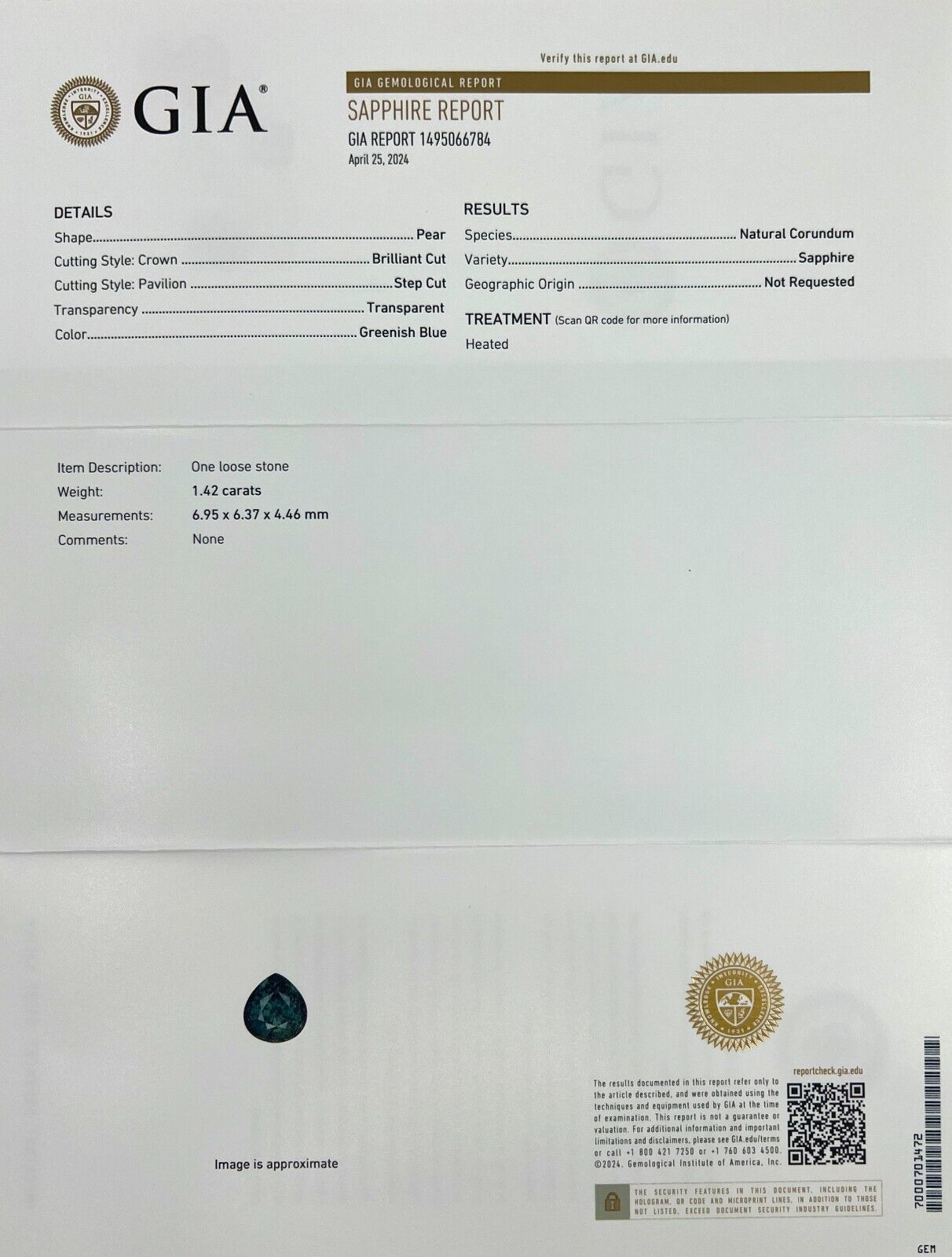 1.42ct UNIQUE Blue Green Teal Sapphire GIA CERTIFIED Pear Teardrop Cut Gemstone — view 3