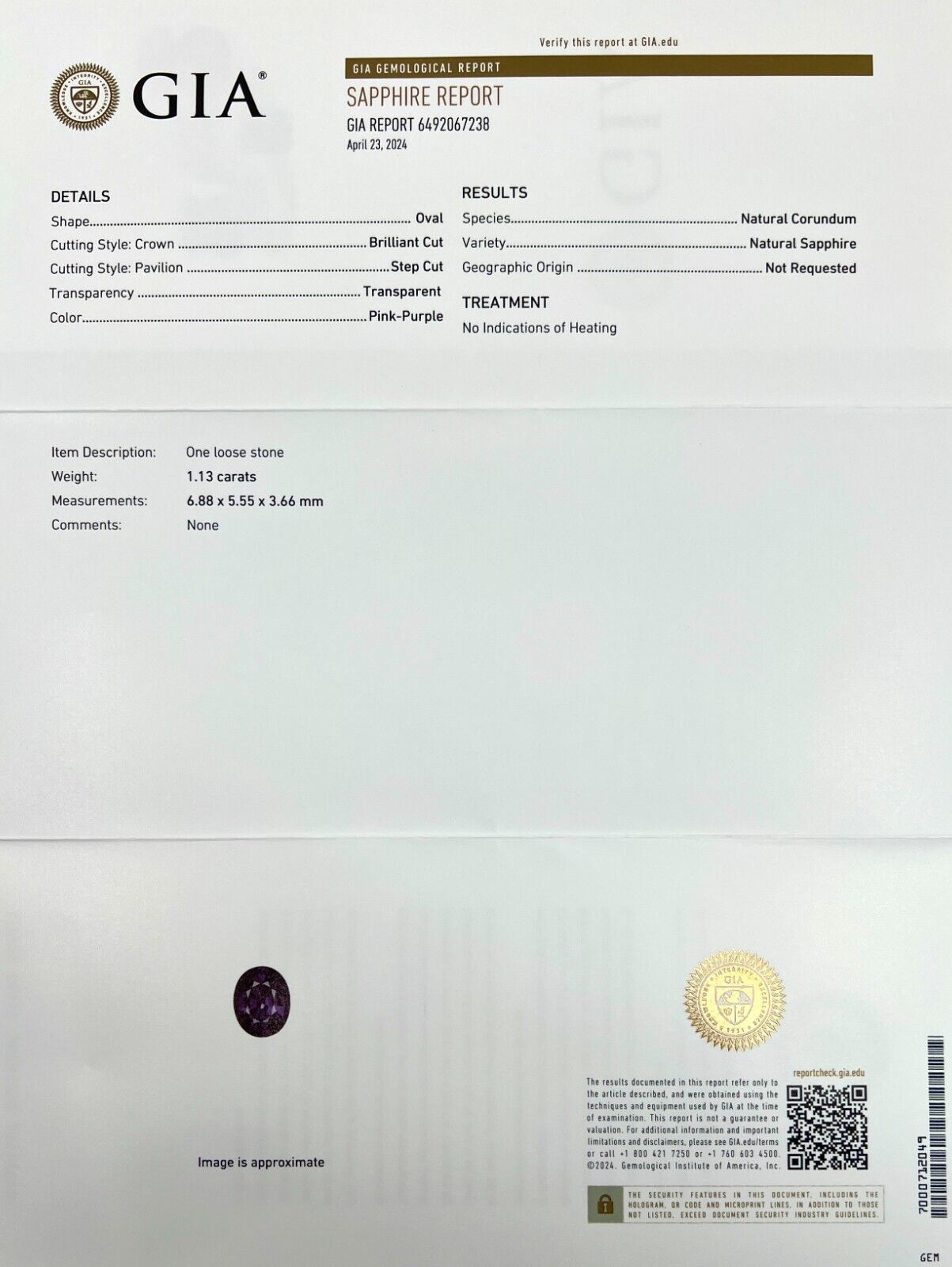 GIA CERTIFIED 1.13ct Pink Purple Sapphire UNTREATED Oval Cut RARE Gem 6.8x5.5mm — view 3