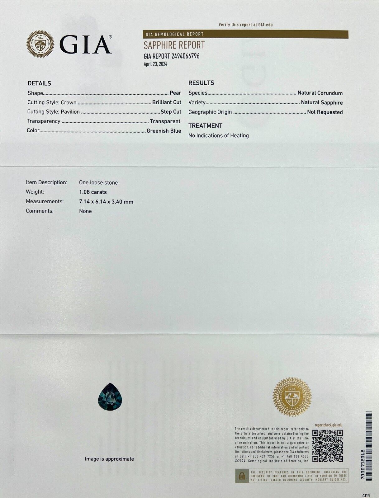 GIA CERTIFIED 1.08ct NATURAL Sapphire UNIQUE Green Blue Teal Pear Cut UNTREATED — view 3