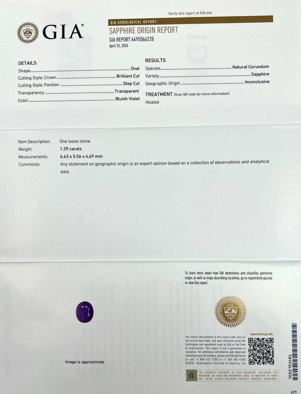 UNIQUE 1.39ct Blue Violet Purple Sapphire GIA CERTIFIED Natural Oval 6.6x5.5mm — view 2
