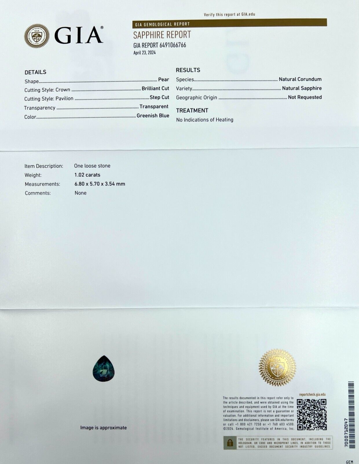 GIA CERTIFIED Green Blue Teal UNTREATED Sapphire 1.02ct 6.8x5.7mm Pear Teardrop — view 3