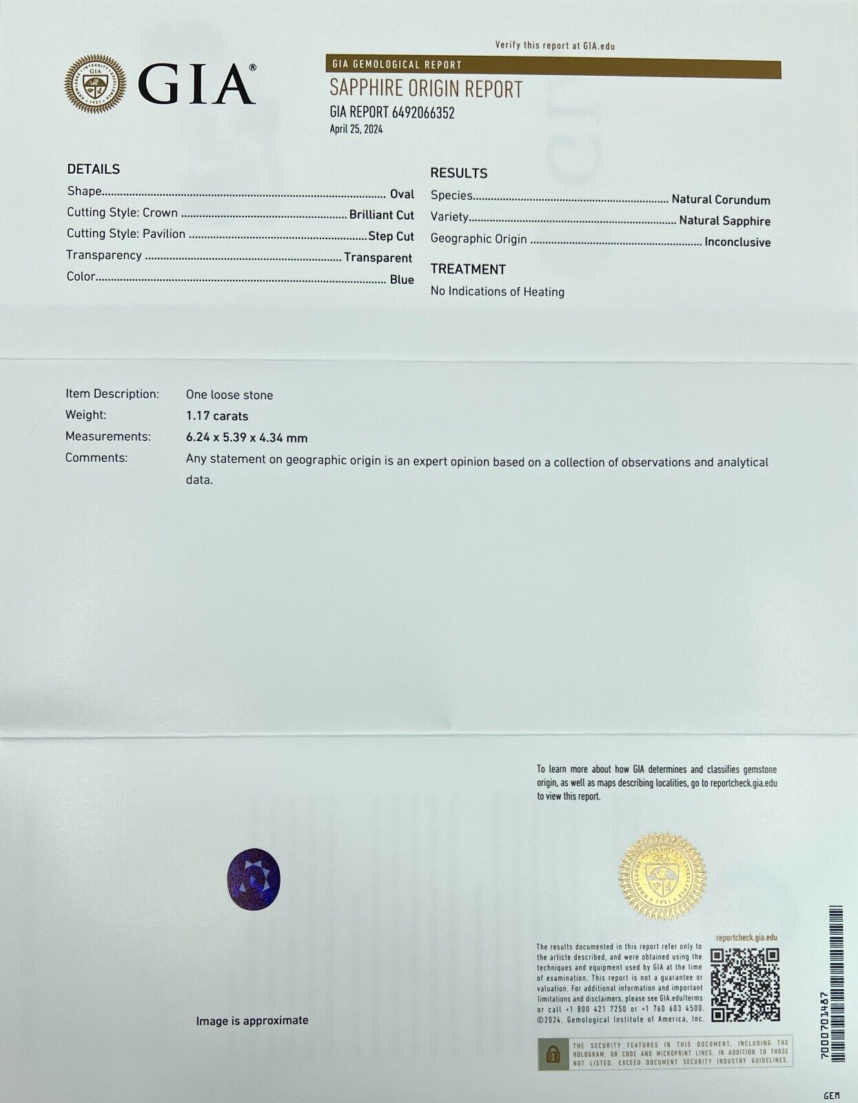 NATURAL Untreated Sapphire 1.17ct GIA CERTIFIED DEEP Blue Oval Cut Unheated Gem — view 2