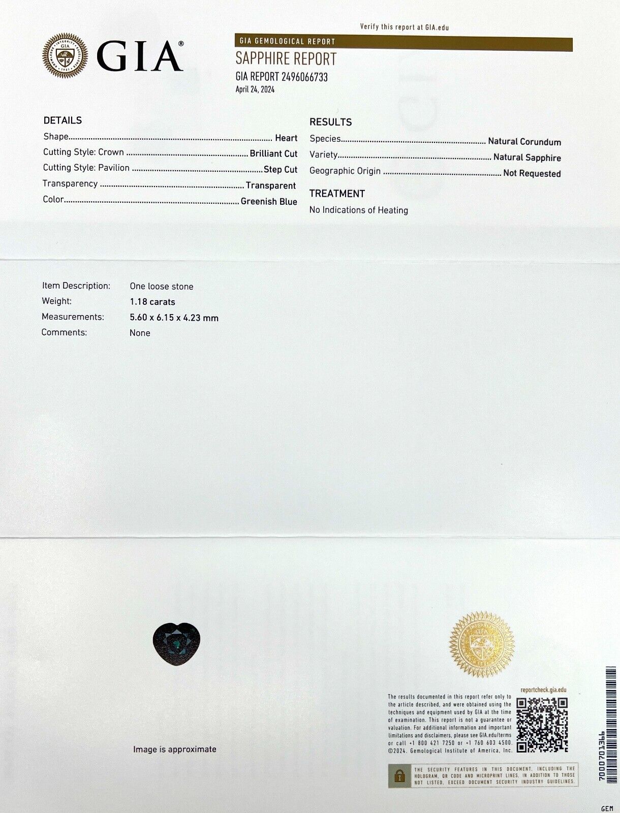 NATURAL 1.18ct Untreated Green Blue Sapphire GIA CERTIFIED Unheated Heart Cut — view 3