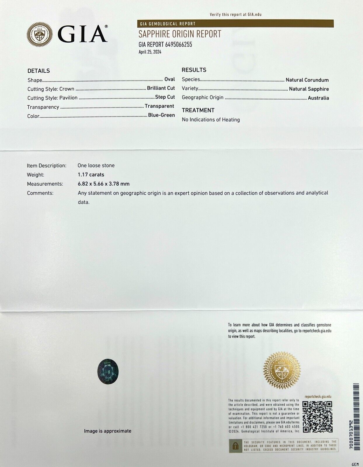 1.17ct Sapphire GIA Certified NATURAL Green Blue Teal UNTREATED NATURAL Oval Gem — view 3