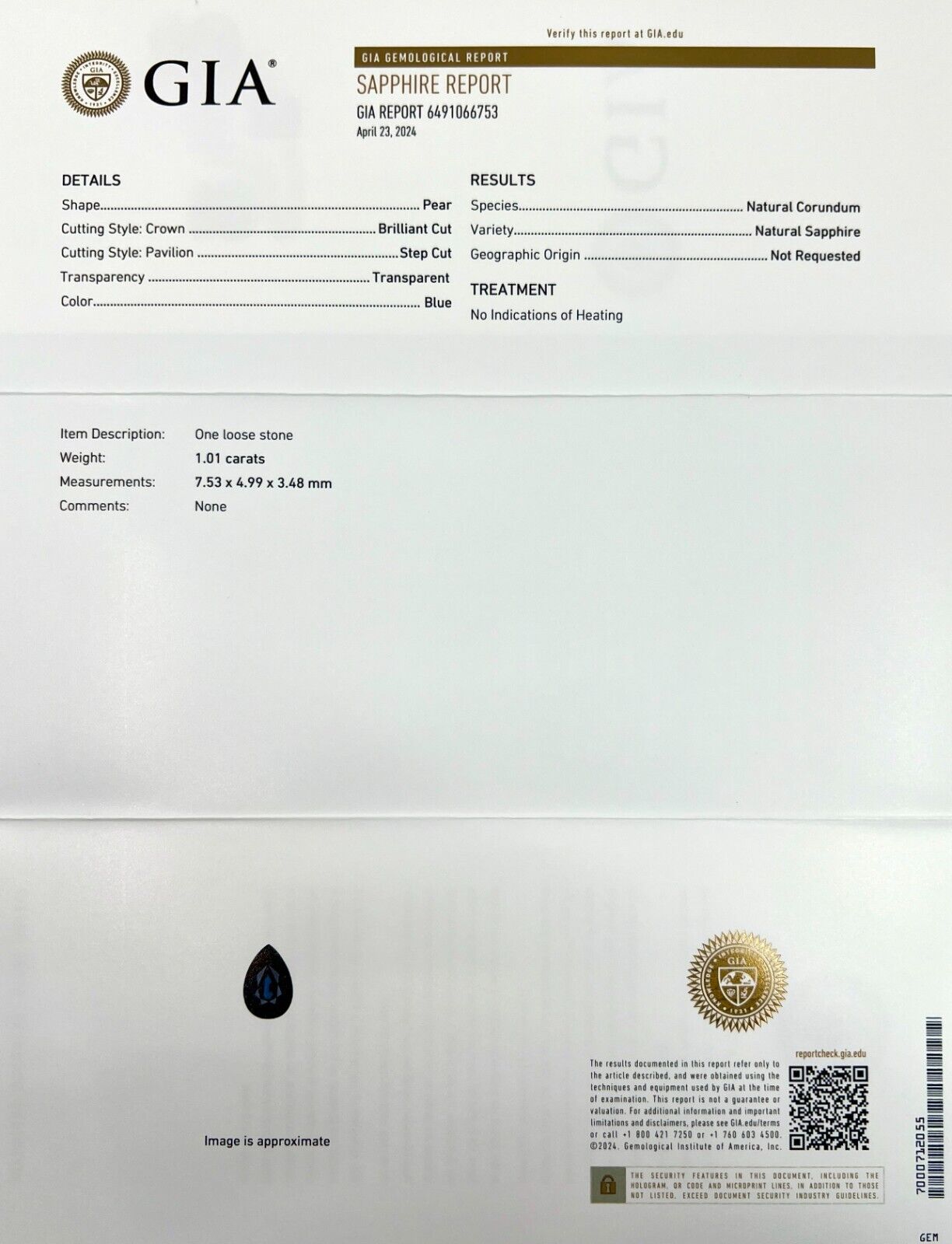 NATURAL 1.10ct Deep Blue UNTREATED Sapphire GIA CERTIFIED Pear Cut 7.5x4.9mm — view 3