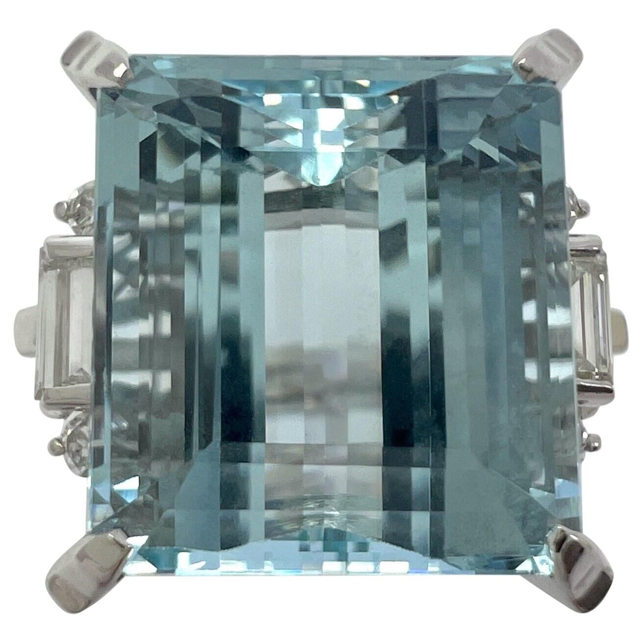 10.25 Carat Light Blue Emerald Cut Aquamarine And Diamond Platinum Art Deco Ring — view 1