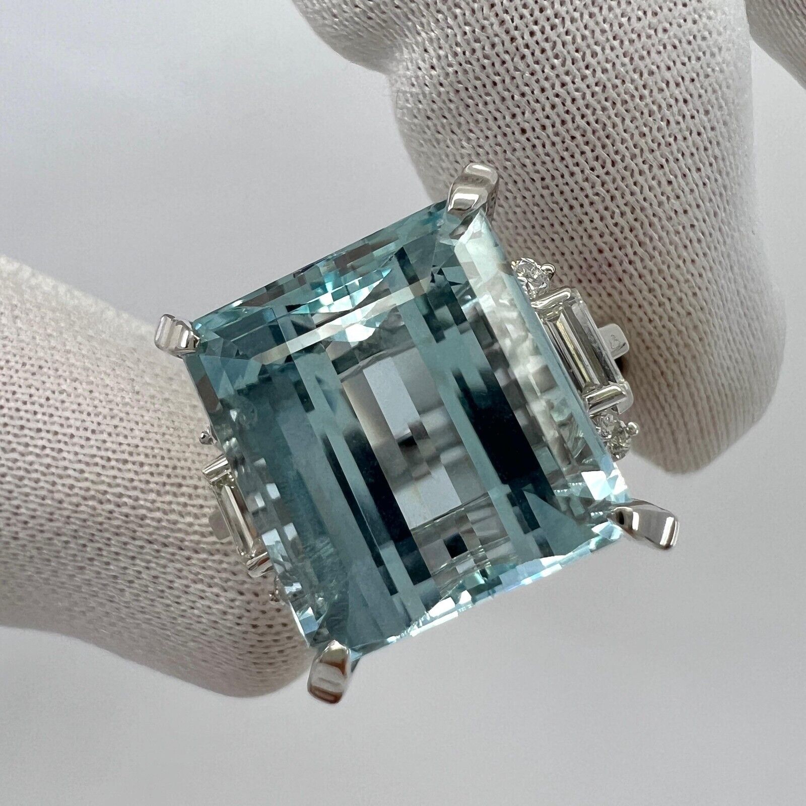 10.25 Carat Light Blue Emerald Cut Aquamarine And Diamond Platinum Art Deco Ring — view 2