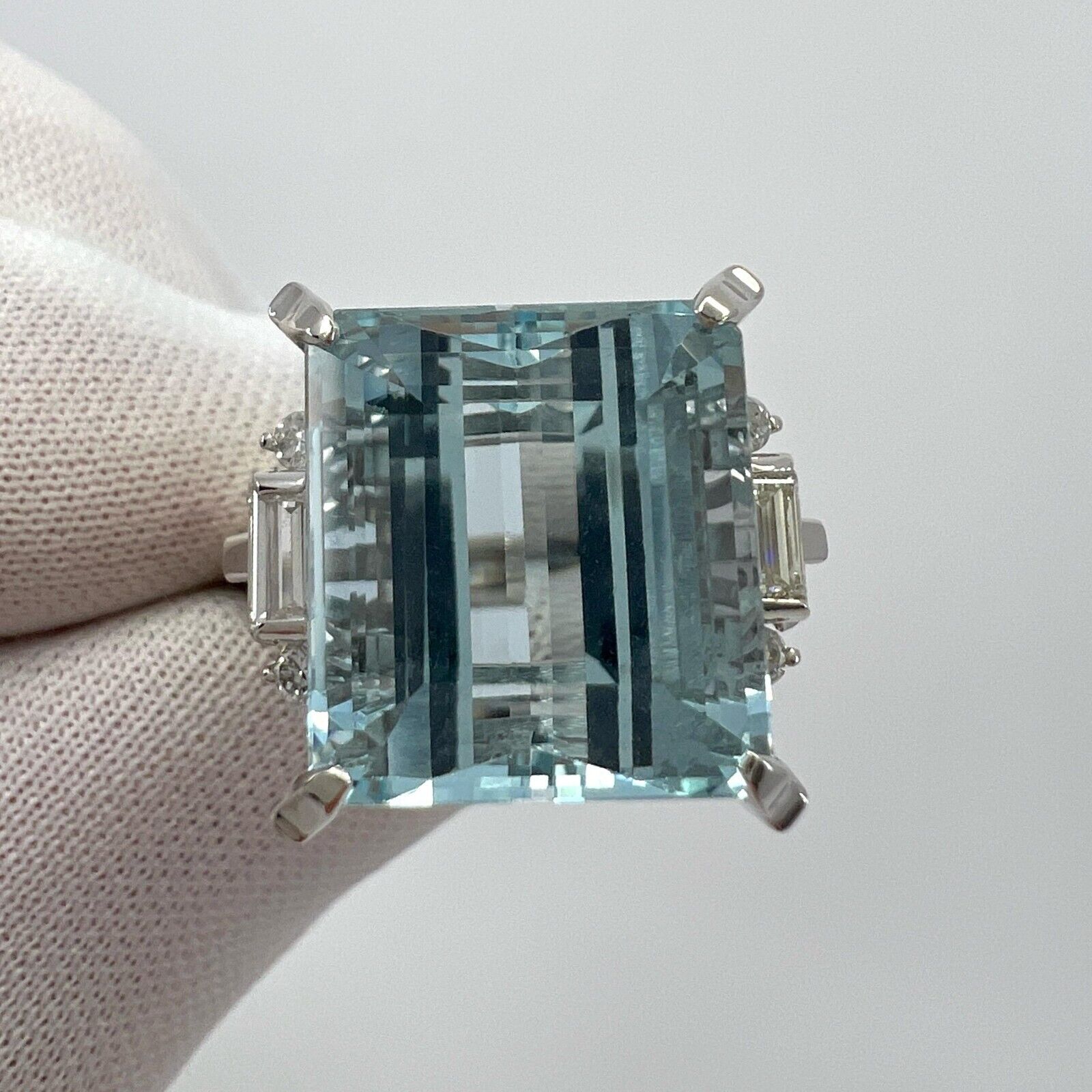 10.25 Carat Light Blue Emerald Cut Aquamarine And Diamond Platinum Art Deco Ring — view 3