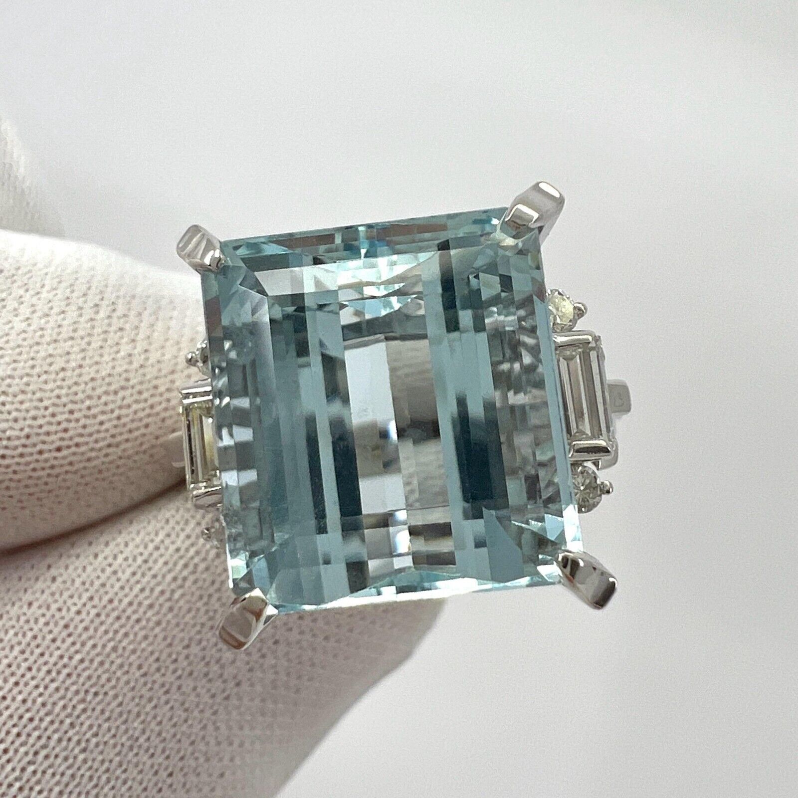 10.25 Carat Light Blue Emerald Cut Aquamarine And Diamond Platinum Art Deco Ring — view 4