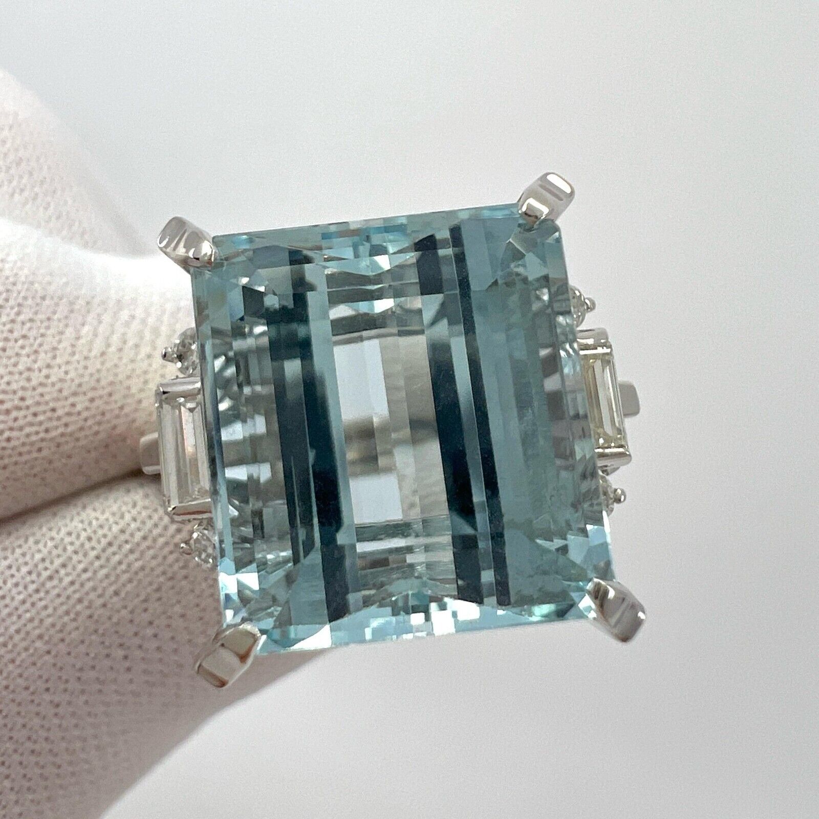 10.25 Carat Light Blue Emerald Cut Aquamarine And Diamond Platinum Art Deco Ring — view 5