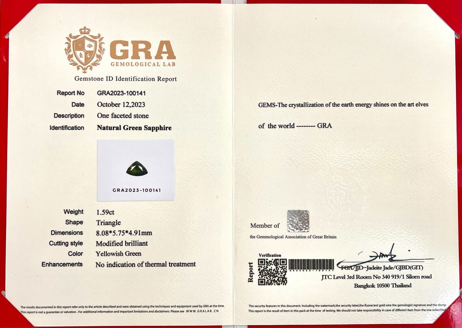 NATURAL 1.59ct Sapphire GRA CERTIFIED Untreated Yellow Green Triangle Trillion — view 3