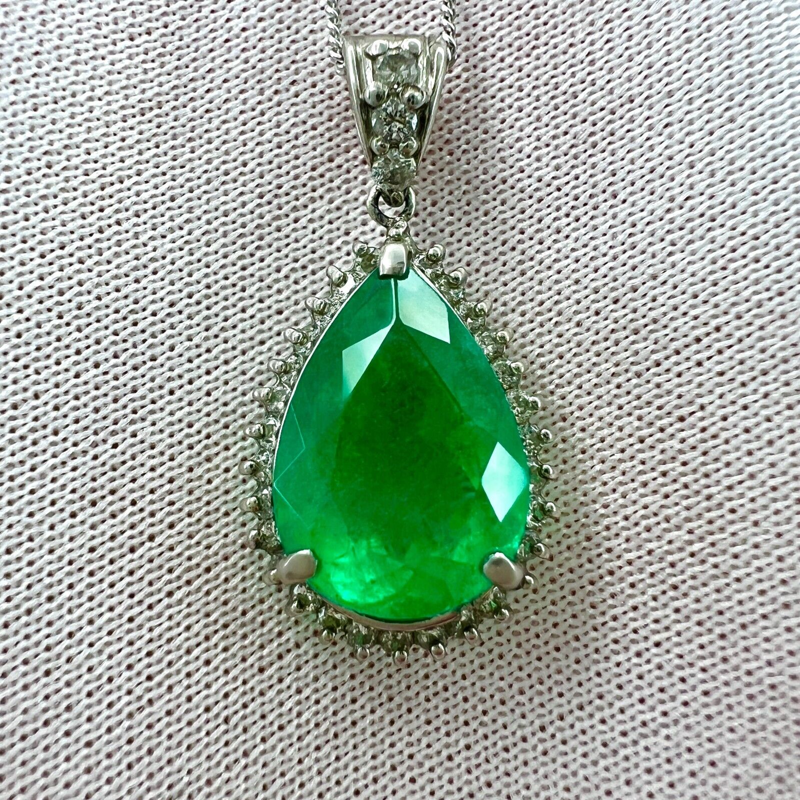 4.17ct GIA Certified Colombian Emerald & Diamond Pear Cut Platinum Halo Pendant — view 3