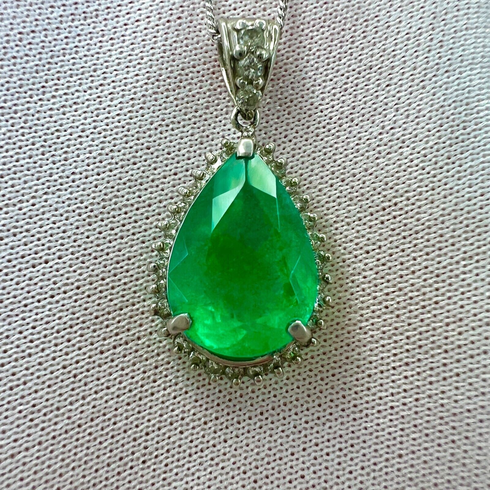 4.17ct GIA Certified Colombian Emerald & Diamond Pear Cut Platinum Halo Pendant — view 4