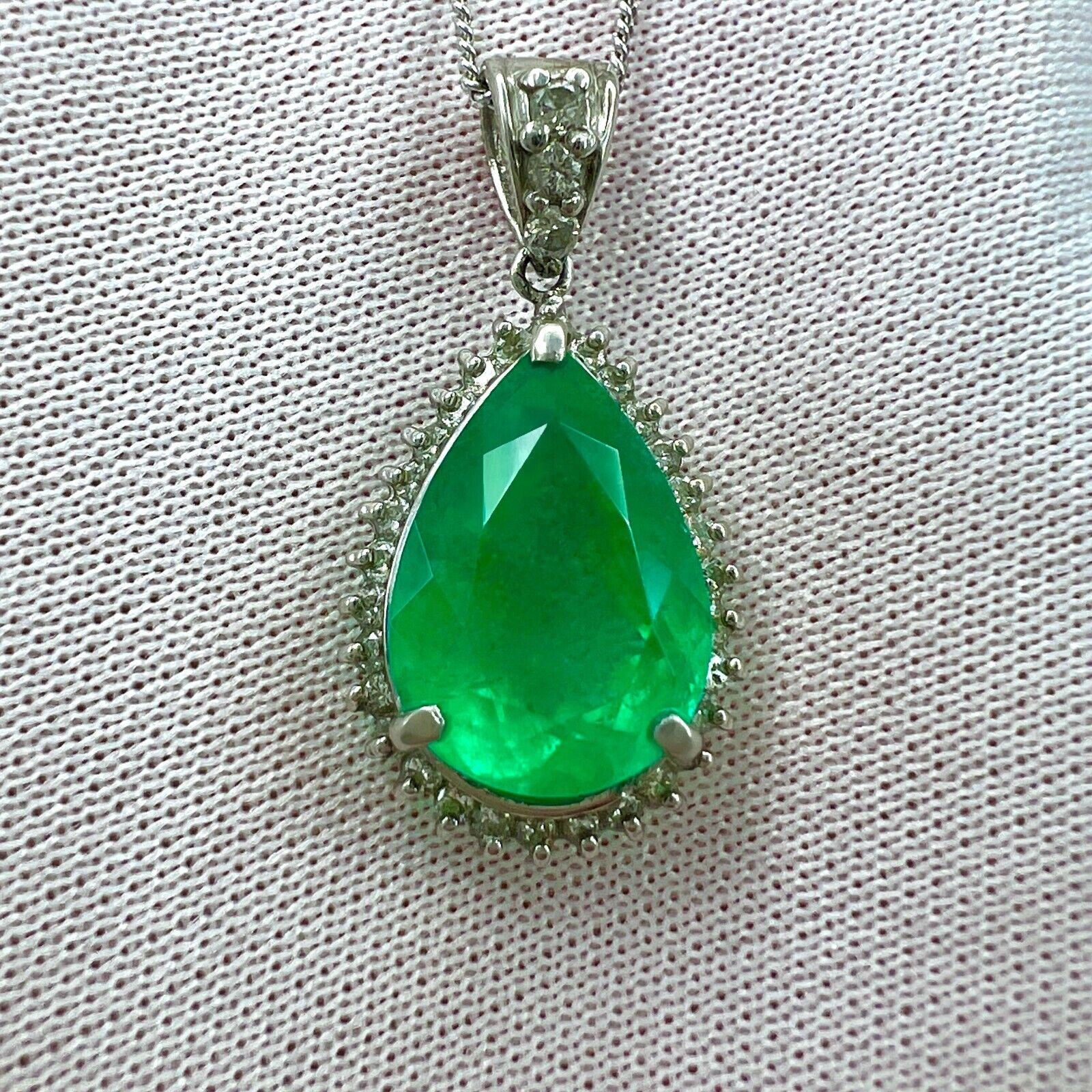 4.17ct GIA Certified Colombian Emerald & Diamond Pear Cut Platinum Halo Pendant — view 5