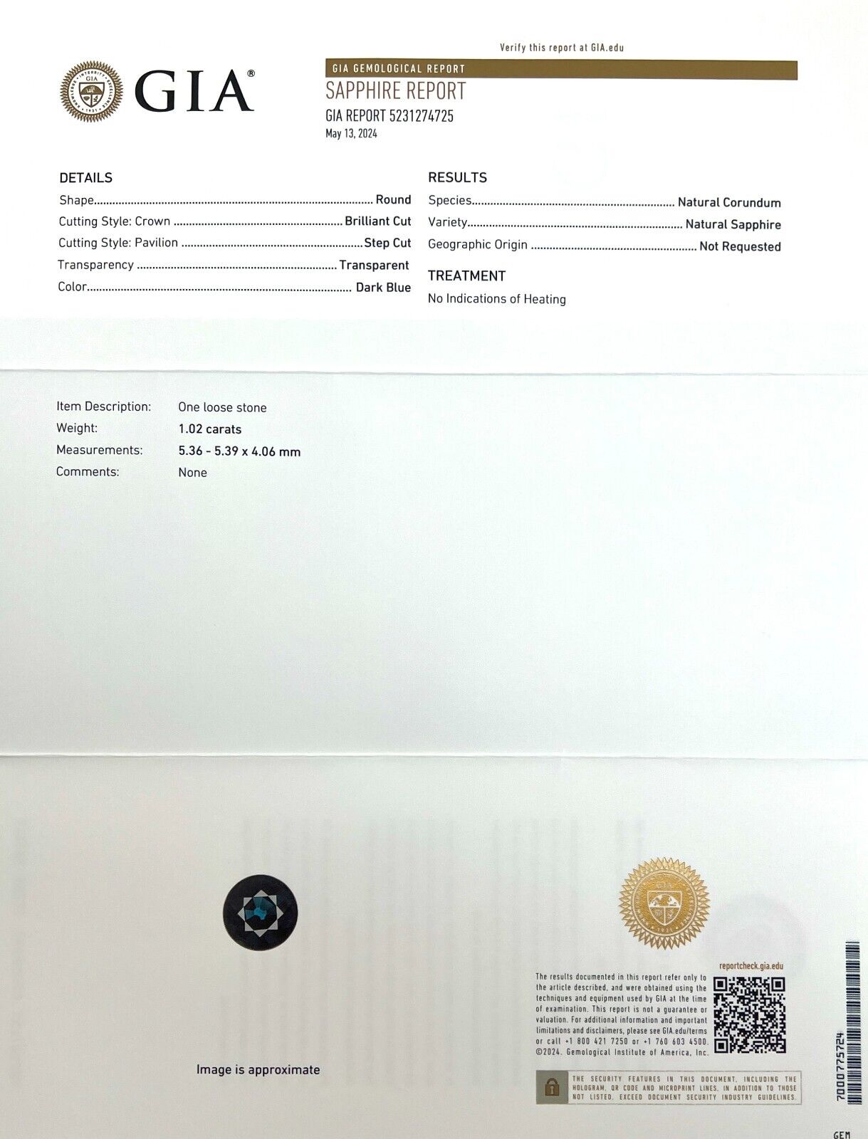 GIA CERTIFIED 1.02ct UNTREATED Dark Blue Sapphire Round Cut Untreated Loose Gem — view 3