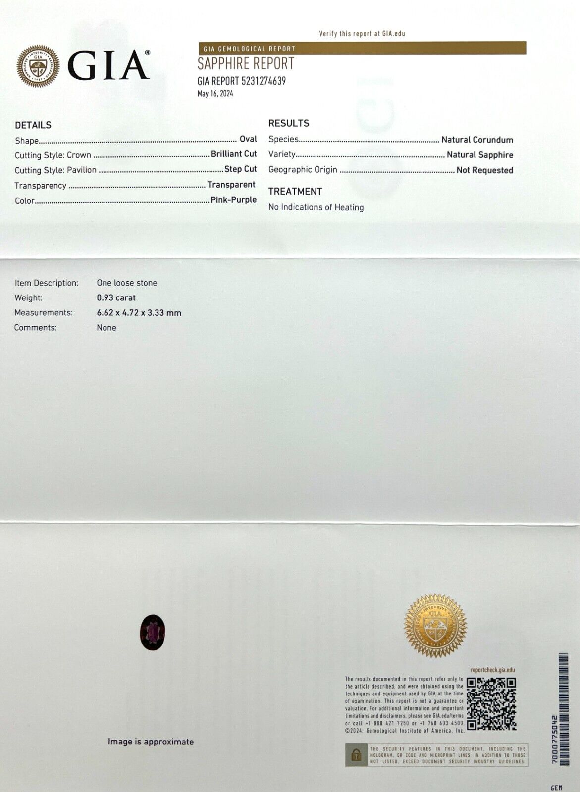 GIA CERTIFIED Pink Purple Sapphire UNTREATED 0.93ct Oval Cut Loose Gem 6.6x4.7mm — view 3